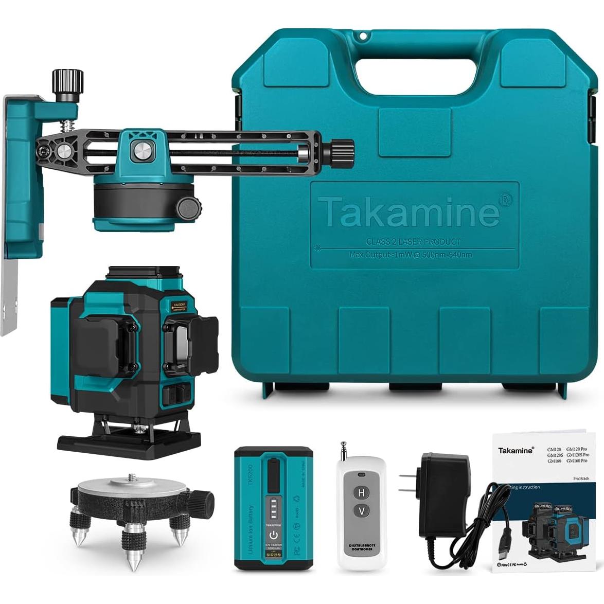 Takamine 3x360° 12 Lines Self Leveling Floor Green Laser Level, Laser Level for Construction/Picture Hanging/Floor/Tile with Remote Controller, Magnetic Rotating Stand and Type-C Charger