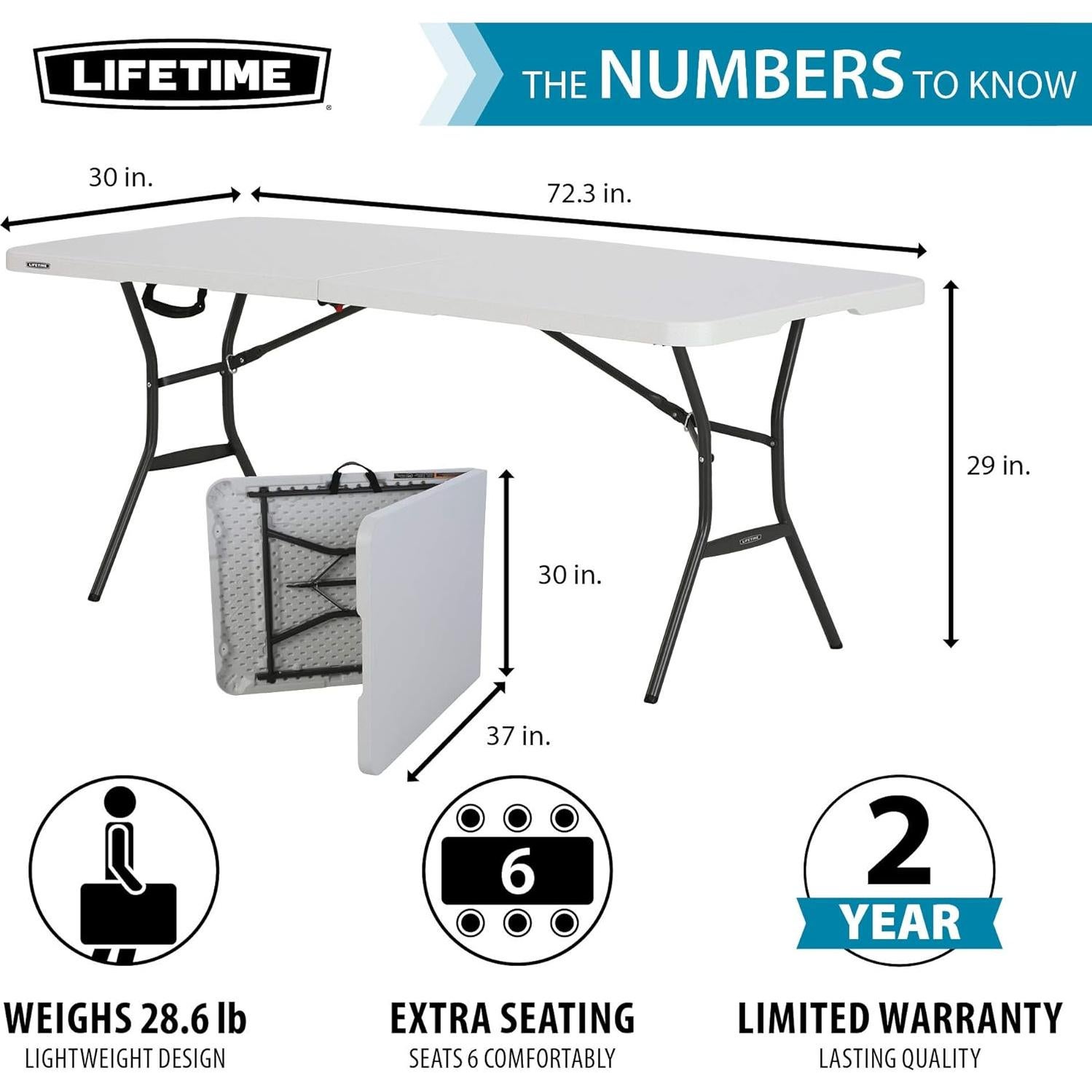 Lifetime 25011 Fold in Half Commercial Table, 6 Feet, White Granite