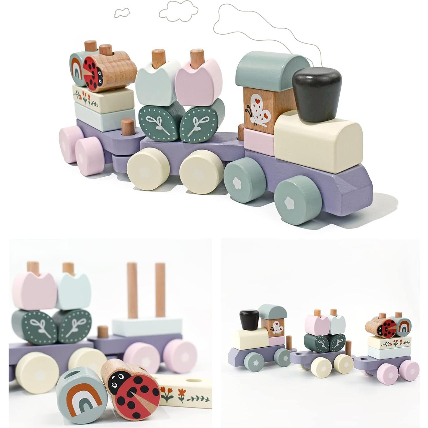 Tren Apilable de Madera Pillowhale con 13 Bloques Coloridos