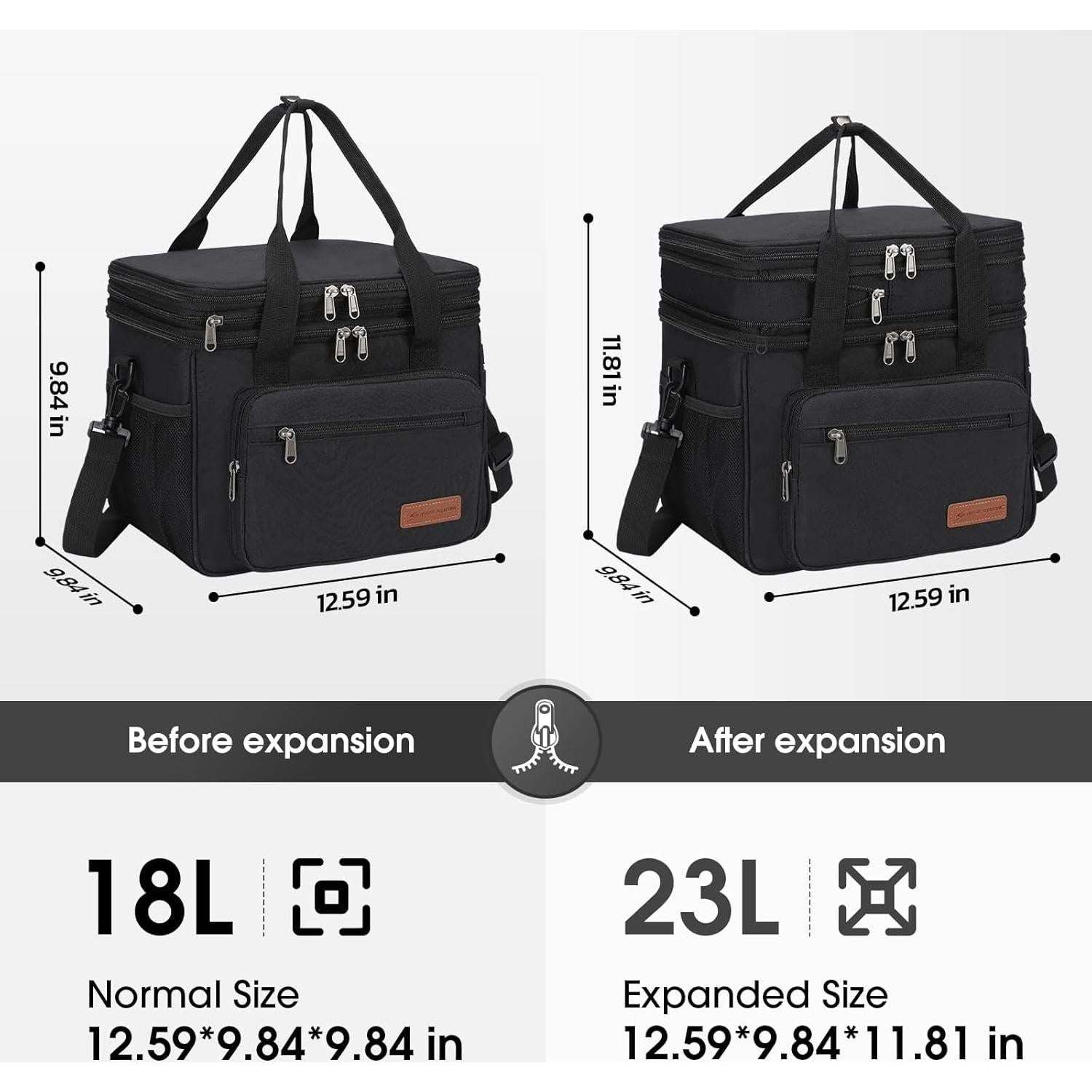 Maelstrom Lunch Box, 23L Insulated Lunch Bag, Expandable Double Deck Cooler Bag, Lightweight Leakproof Tote Bag With Side Tissue Pocket, Suit For Men and Women, Black