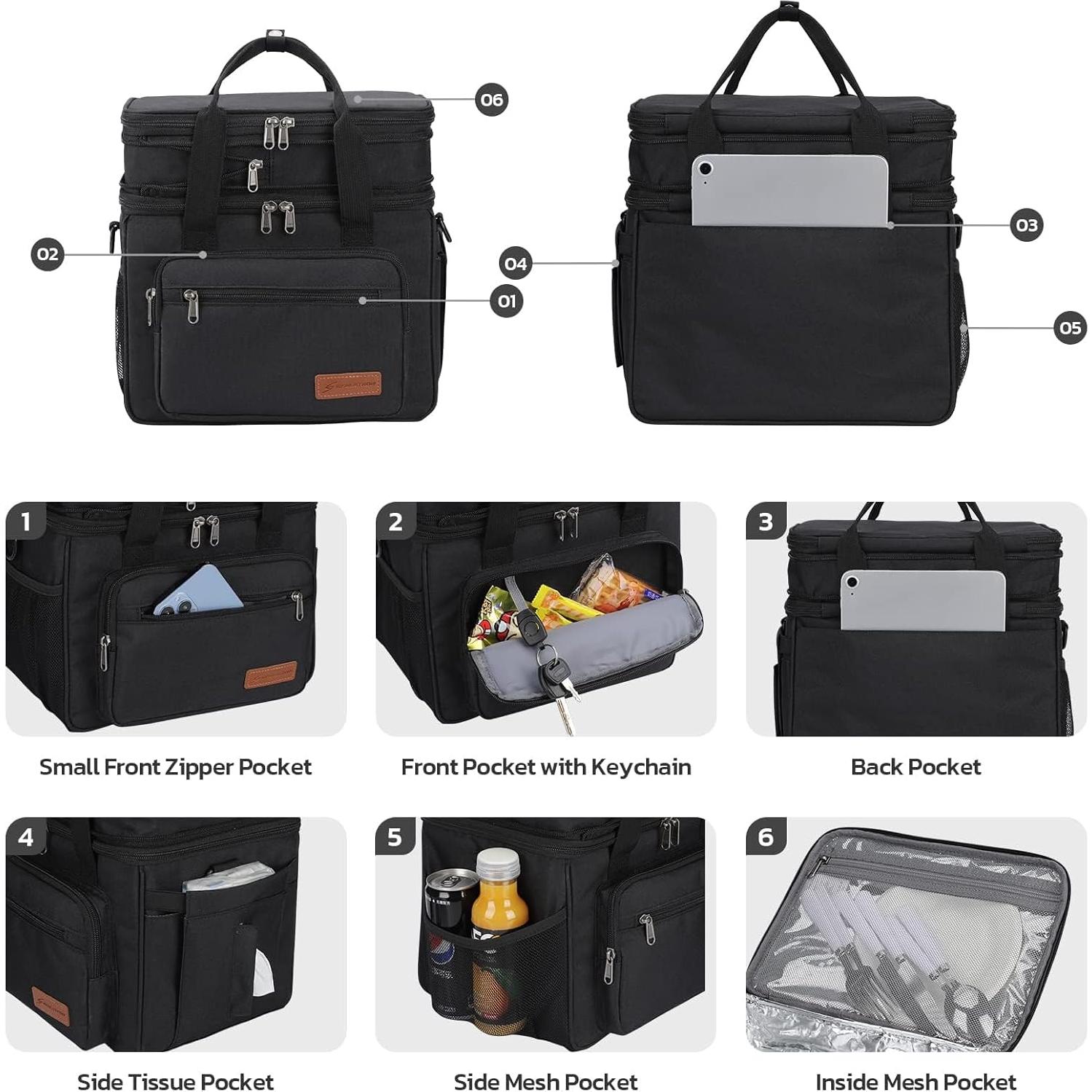 Maelstrom Lunch Box, 23L Insulated Lunch Bag, Expandable Double Deck Cooler Bag, Lightweight Leakproof Tote Bag With Side Tissue Pocket, Suit For Men and Women, Black