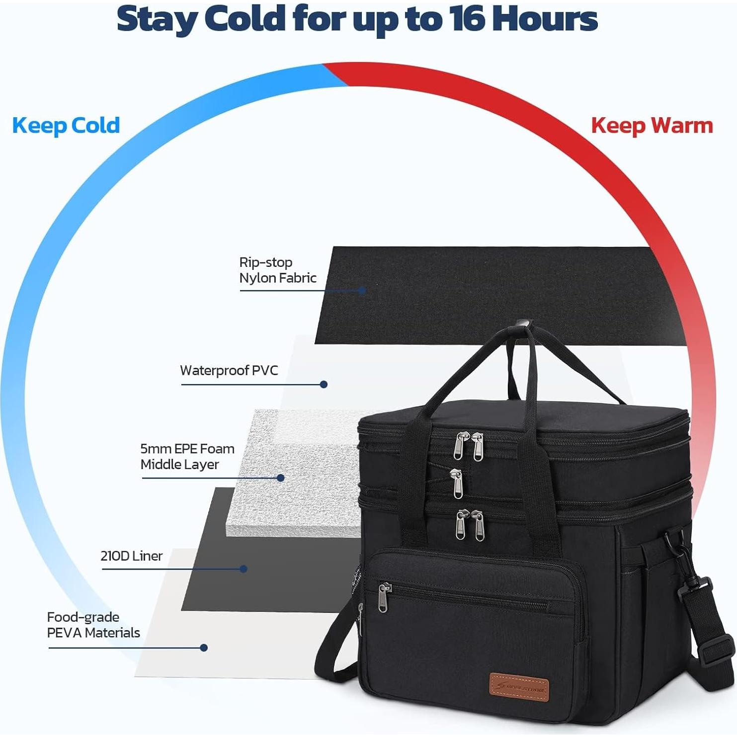 Maelstrom Lunch Box, 23L Insulated Lunch Bag, Expandable Double Deck Cooler Bag, Lightweight Leakproof Tote Bag With Side Tissue Pocket, Suit For Men and Women, Black