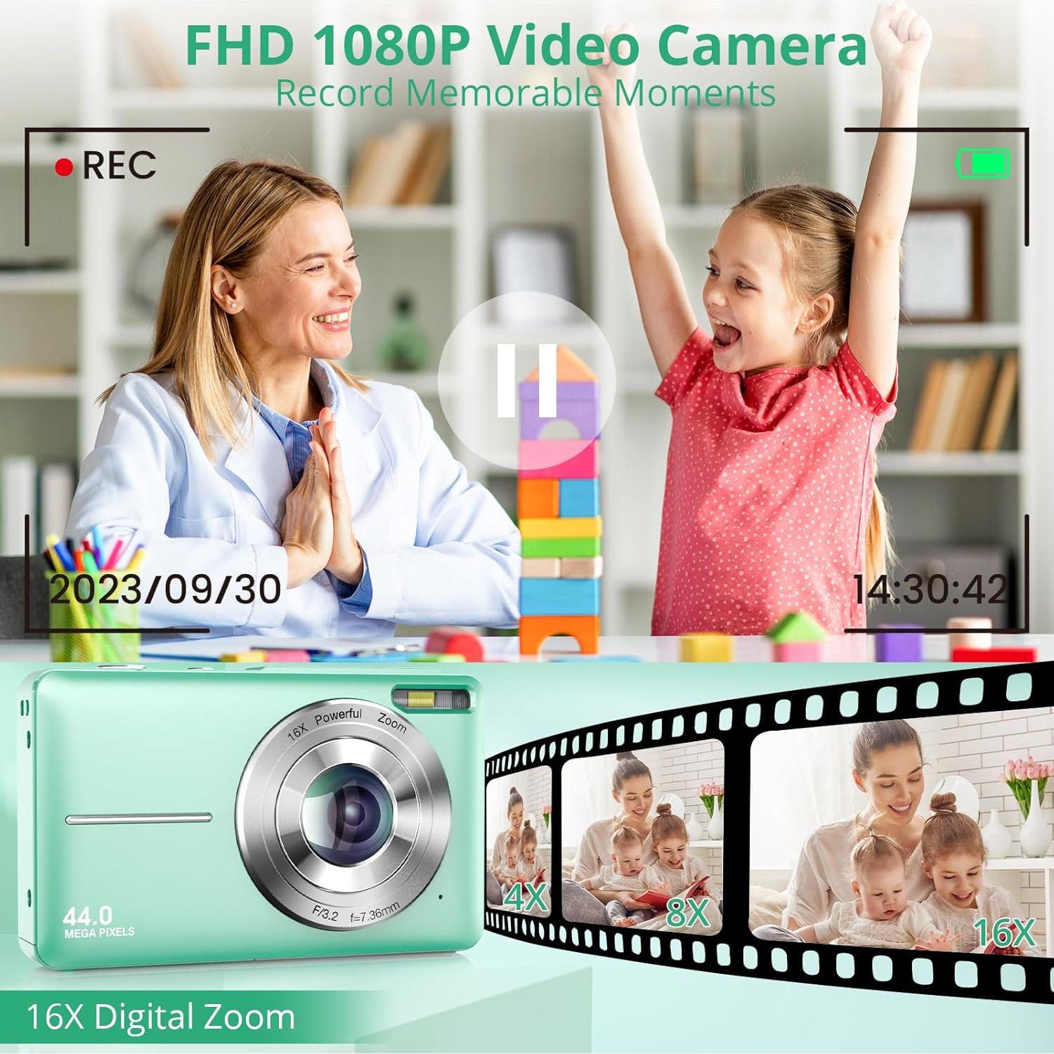 Digital Camera 1080P 44MP Digital Cameras, Digital Point and Shoot Camera for Kids with 16X Zoom, Anti-Shake, Compact Small Travel Camera for Beginner Children Boys Girls Teens Gift