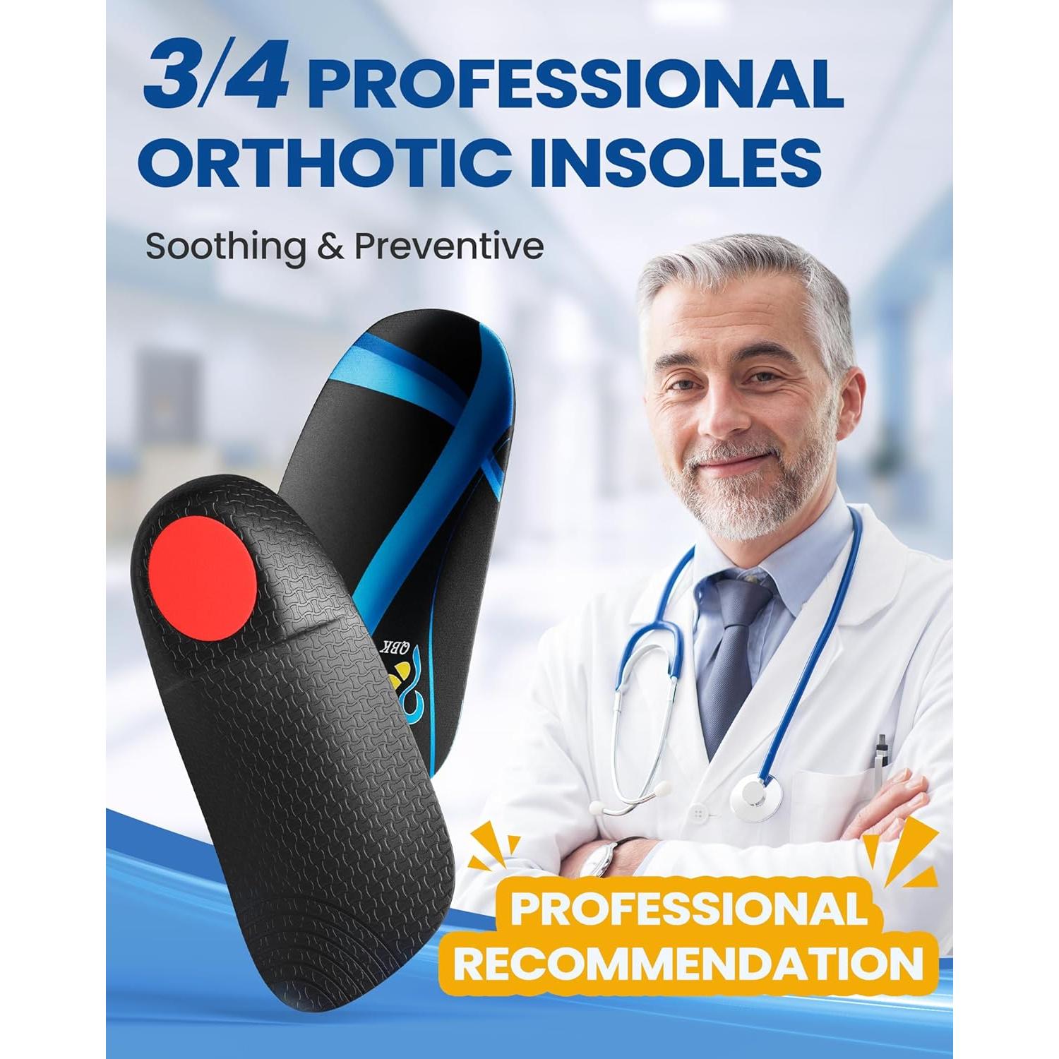 Plantillas ortopédicas QBK 3/4 para fascitis plantar y pies planos