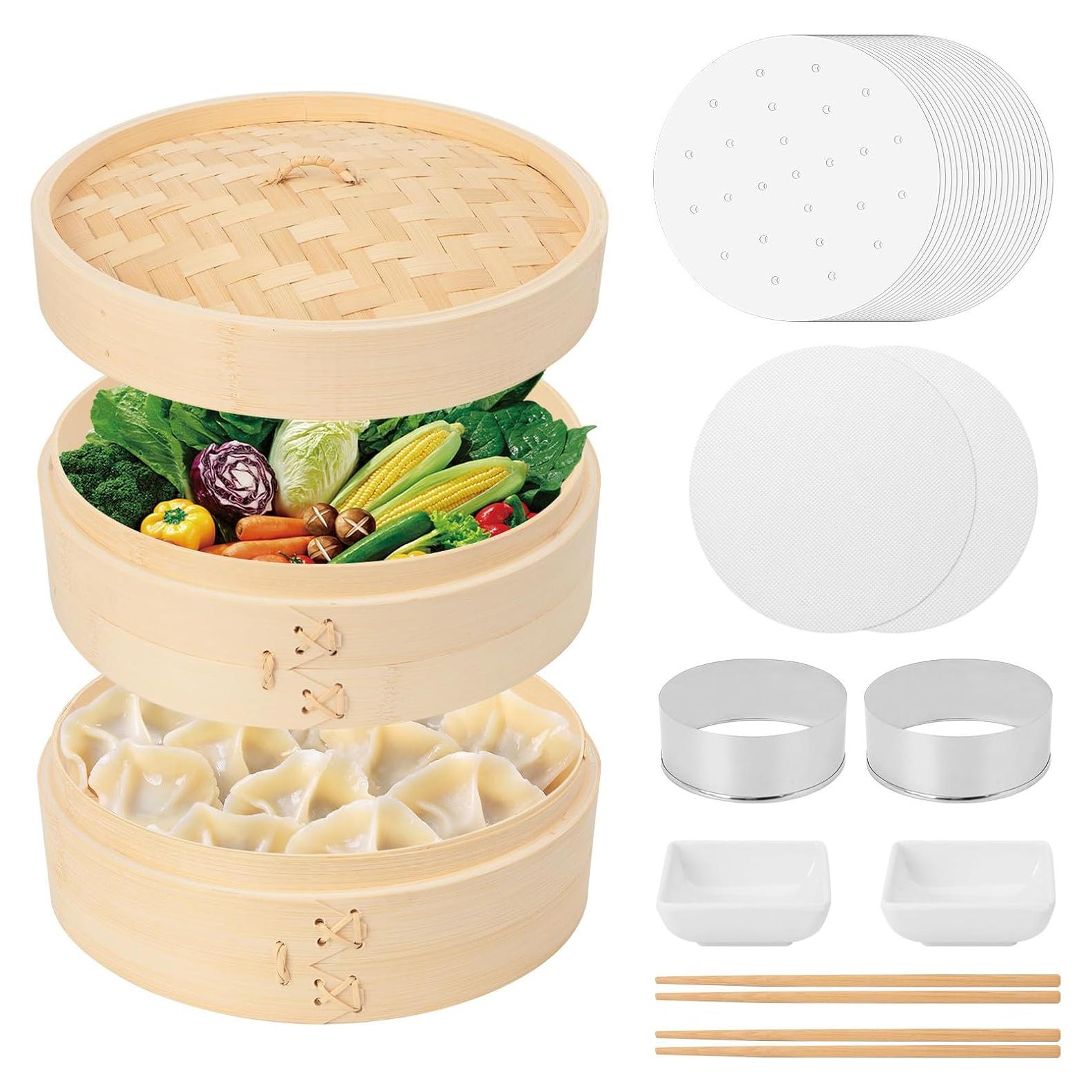 Bamboo Steamer Basket, 8 Inch, 2 Tier with Lid, Dumpling Steamer with Paper & Silicone Liners, Cutter, Sauce Dish, Chopsticks, for Asian Food