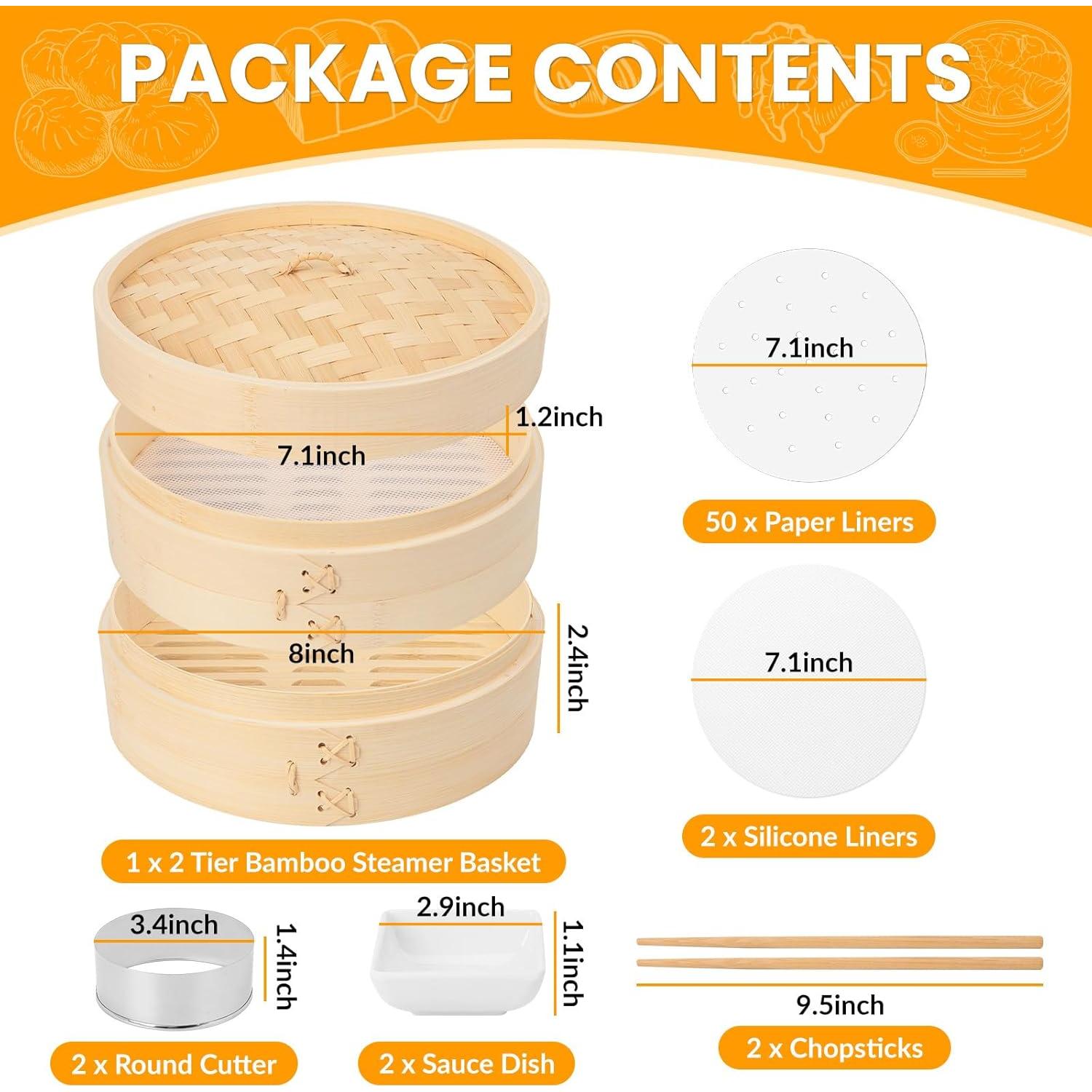 Bamboo Steamer Basket, 8 Inch, 2 Tier with Lid, Dumpling Steamer with Paper & Silicone Liners, Cutter, Sauce Dish, Chopsticks, for Asian Food