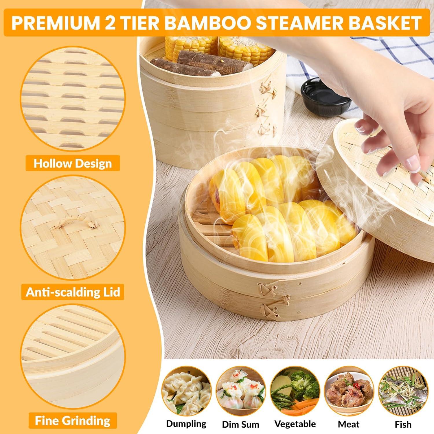 Bamboo Steamer Basket, 8 Inch, 2 Tier with Lid, Dumpling Steamer with Paper & Silicone Liners, Cutter, Sauce Dish, Chopsticks, for Asian Food