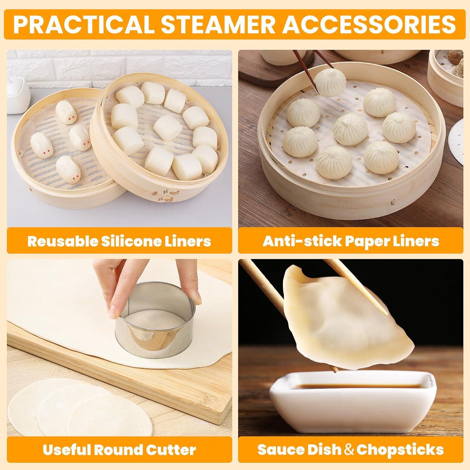Bamboo Steamer Basket, 8 Inch, 2 Tier with Lid, Dumpling Steamer with Paper & Silicone Liners, Cutter, Sauce Dish, Chopsticks, for Asian Food