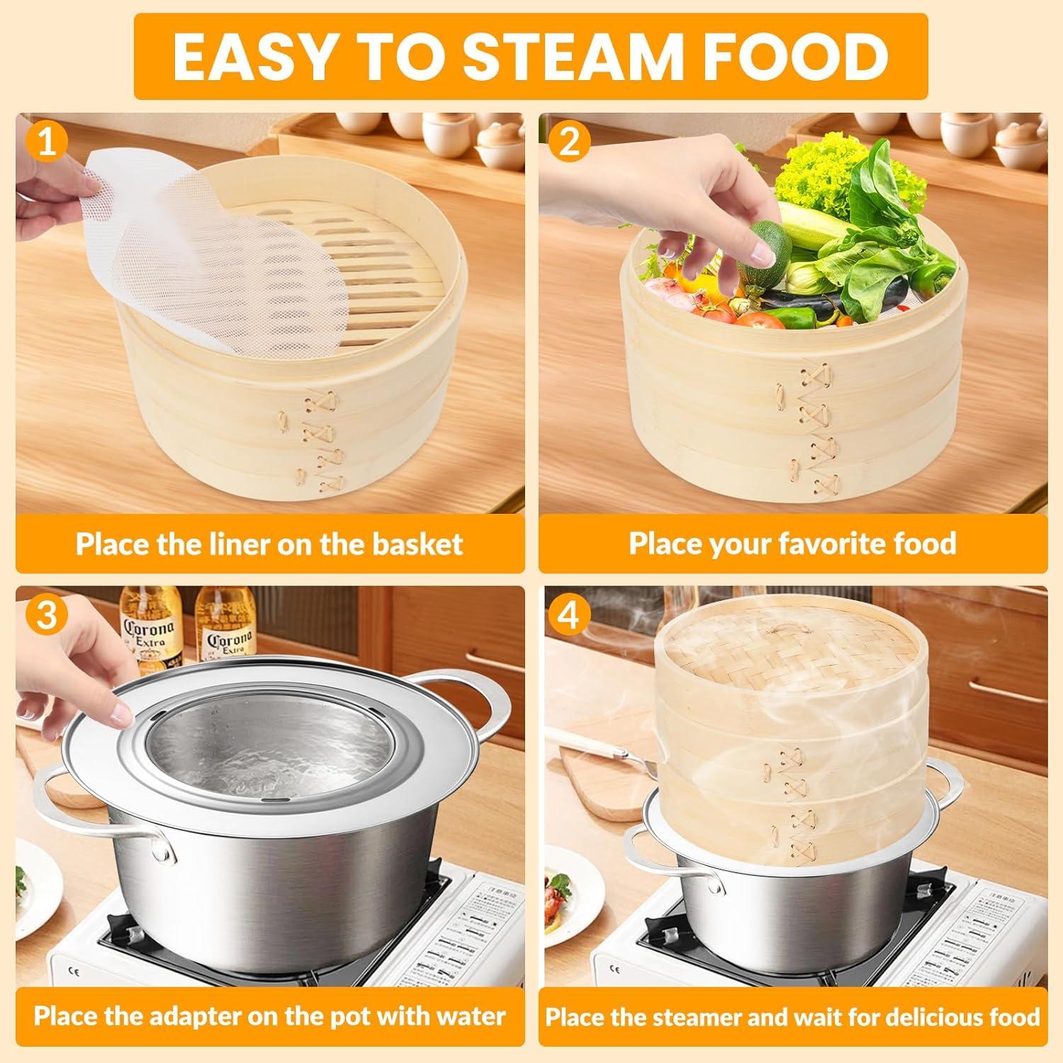 Bamboo Steamer Basket, 8 Inch, 2 Tier with Lid, Dumpling Steamer with Paper & Silicone Liners, Cutter, Sauce Dish, Chopsticks, for Asian Food