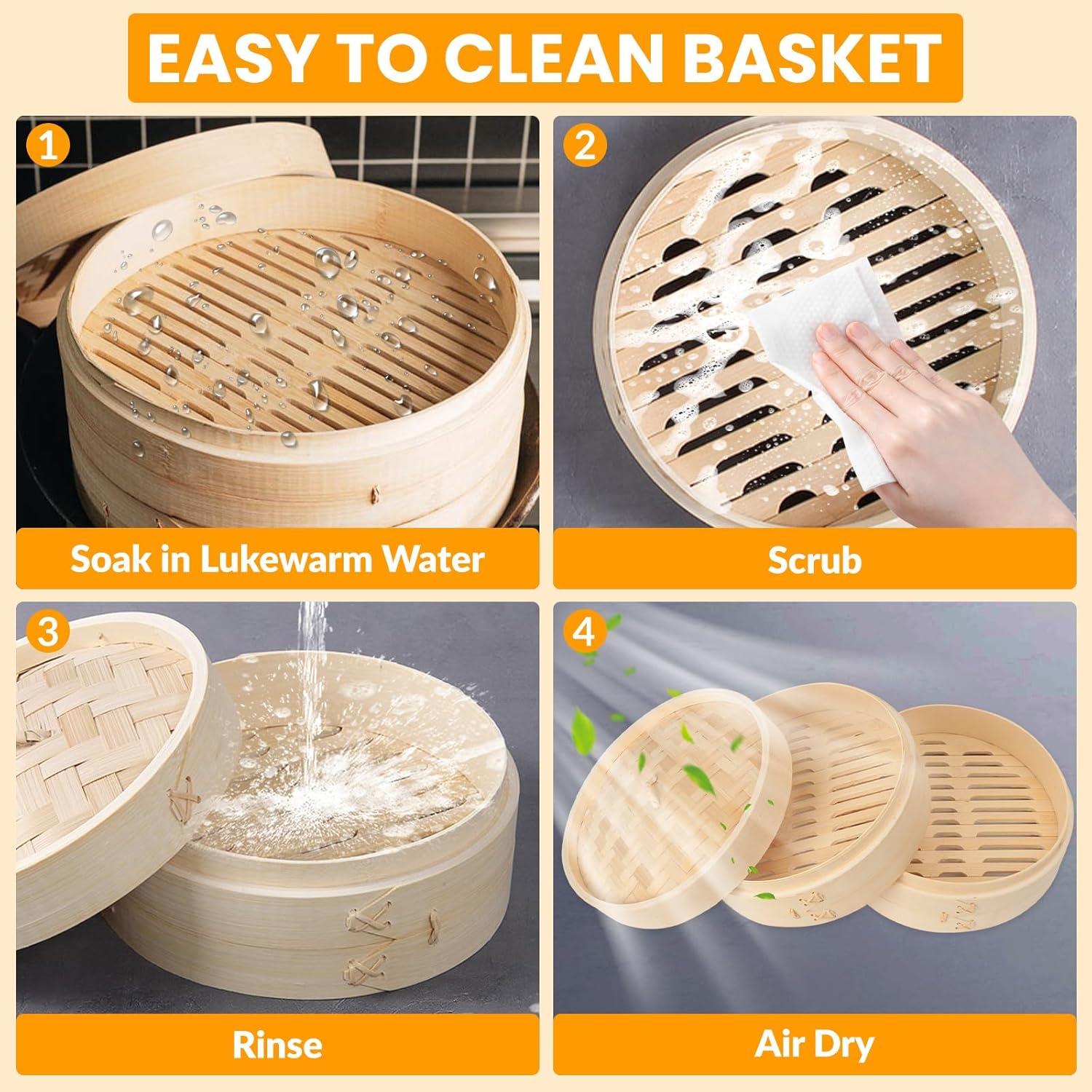 Bamboo Steamer Basket, 8 Inch, 2 Tier with Lid, Dumpling Steamer with Paper & Silicone Liners, Cutter, Sauce Dish, Chopsticks, for Asian Food