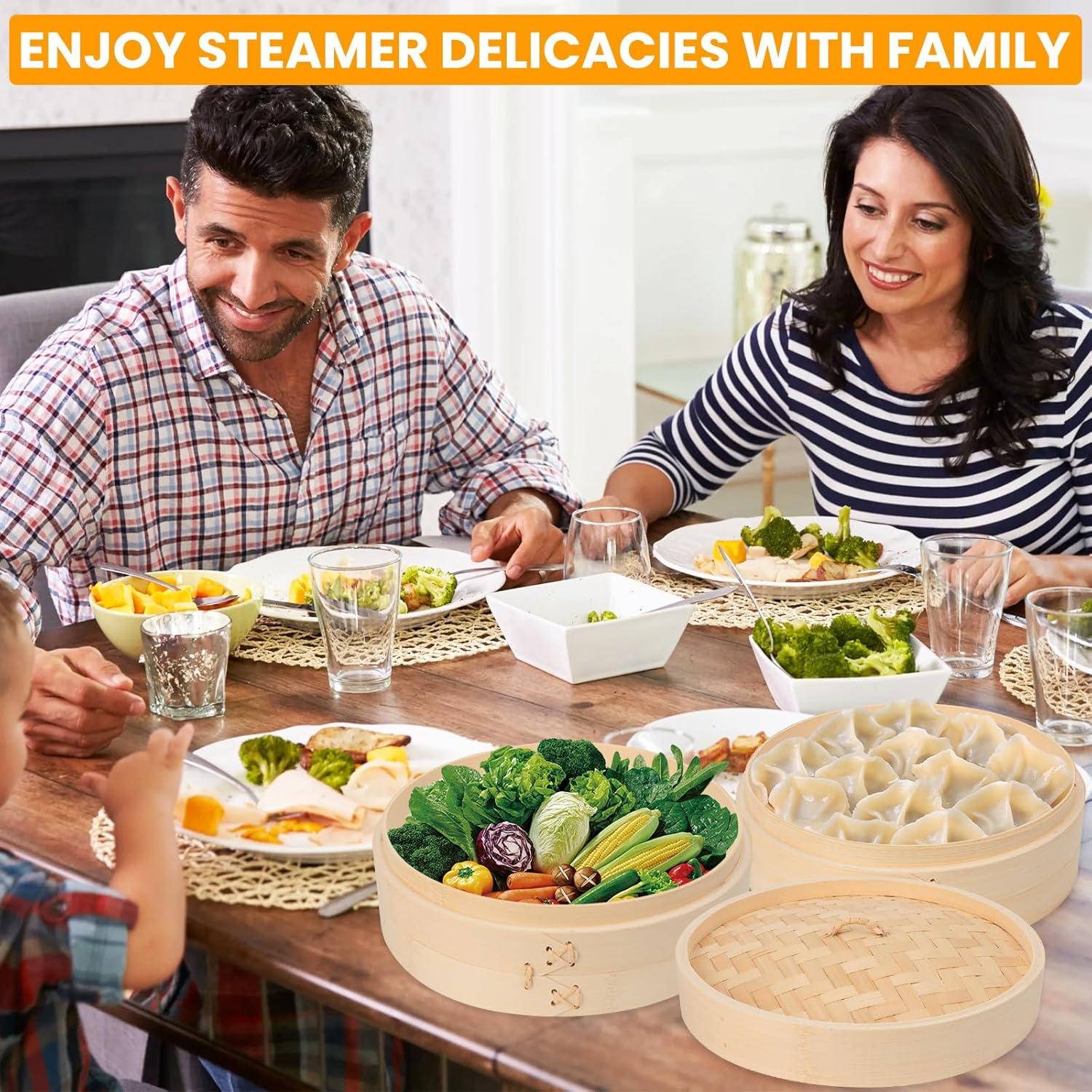 Bamboo Steamer Basket, 8 Inch, 2 Tier with Lid, Dumpling Steamer with Paper & Silicone Liners, Cutter, Sauce Dish, Chopsticks, for Asian Food