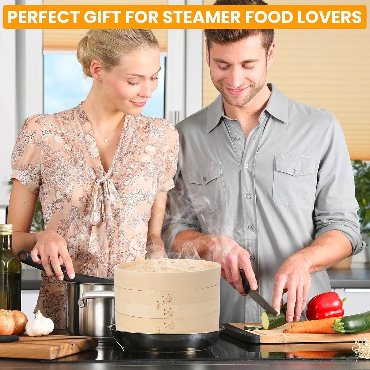 Bamboo Steamer Basket, 8 Inch, 2 Tier with Lid, Dumpling Steamer with Paper & Silicone Liners, Cutter, Sauce Dish, Chopsticks, for Asian Food