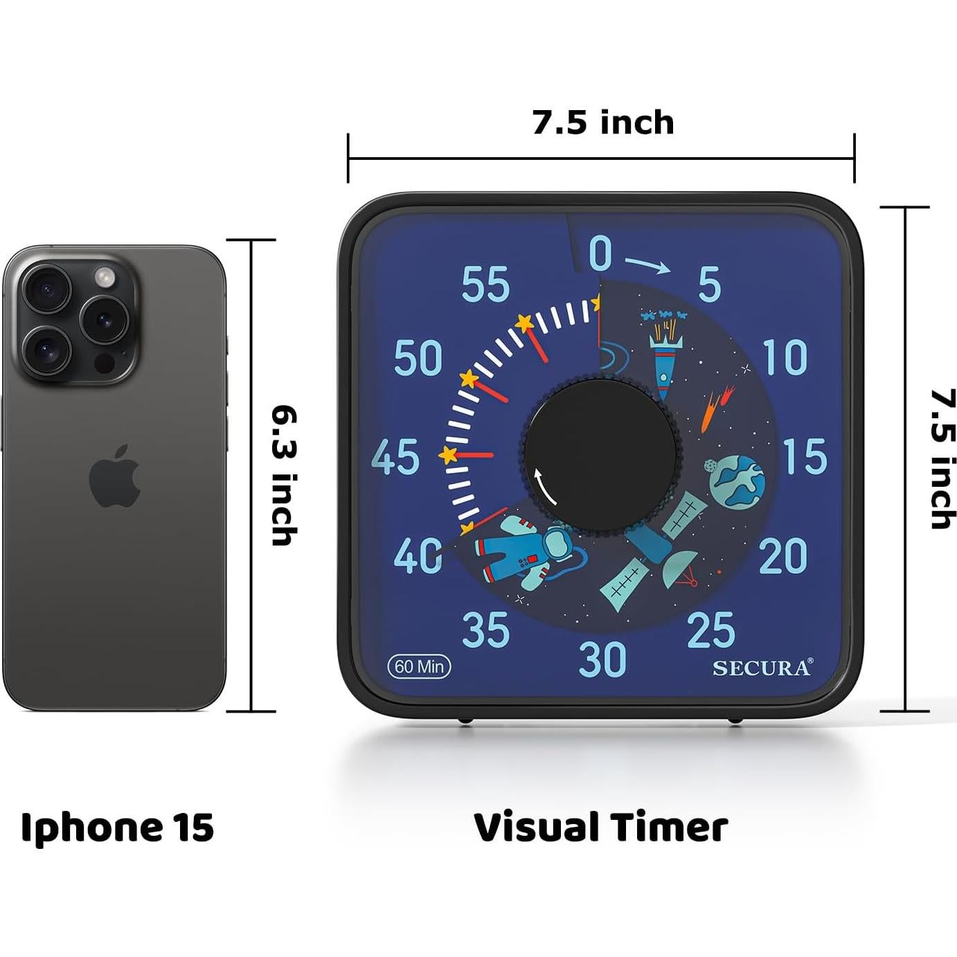 Temporizador Visual Secura 7.5" Negro Mecánico para Niños