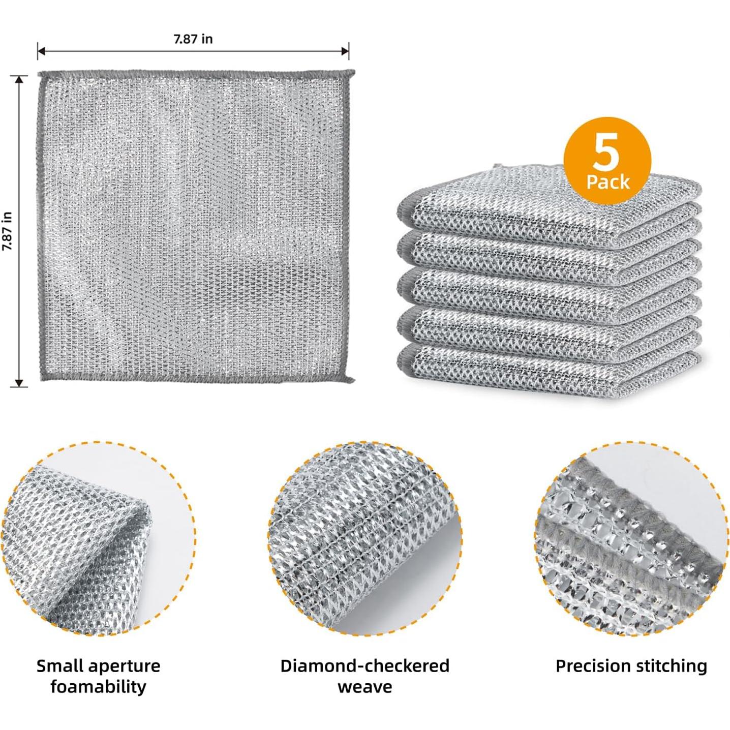 5Pcs Non Scratch Wire Dishcloth, Multipurpose Wire Dishwashing Rags, Steel Metal Wire Cloth Mesh Miracle Cleaning Cloths for Kitchen, Dishes
