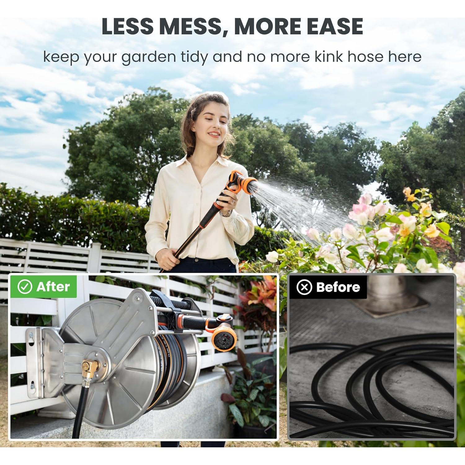 Carrete de Manguera de Jardín Giraffe Tools Acero Inoxidable 150 pies