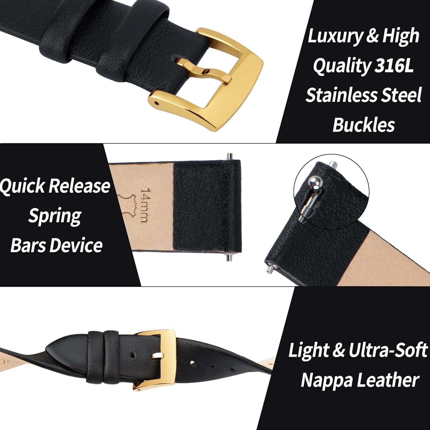 Correa de Reloj de Cuero OTTOODY 12mm Negro Hebilla Dorada