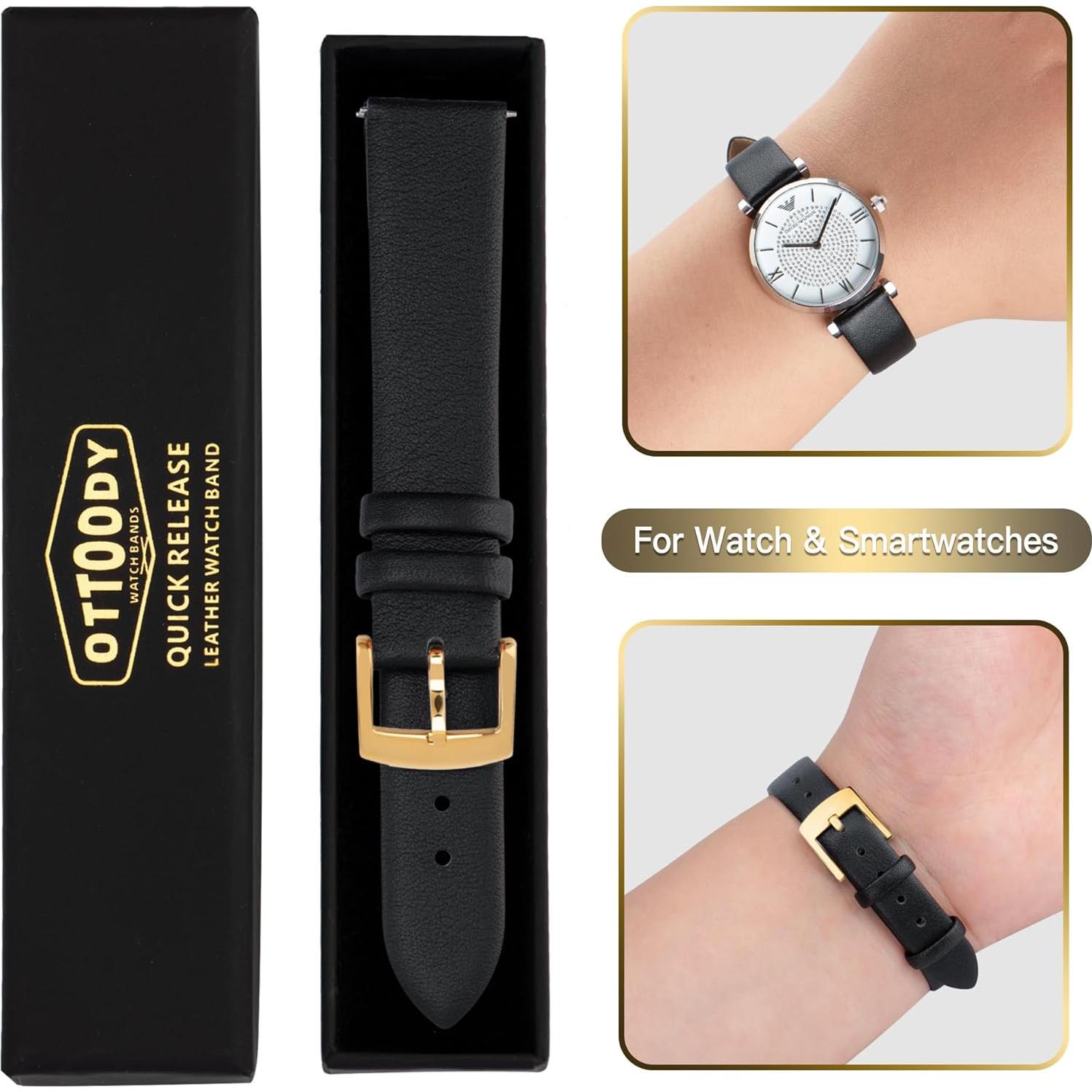 Correa de Reloj de Cuero OTTOODY 12mm Negro Hebilla Dorada