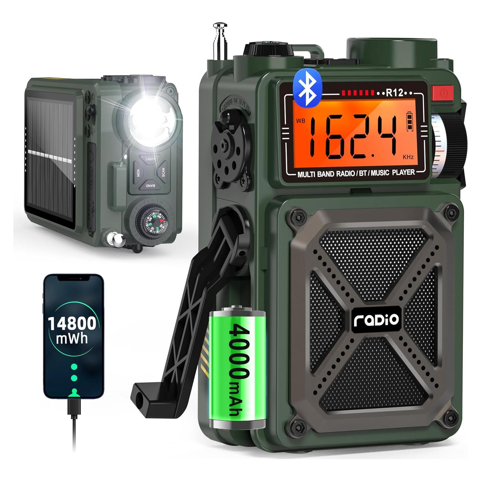 Radio Portátil Greadio R12 AM FM NOAA Bluetooth 5.4 Carga Solar