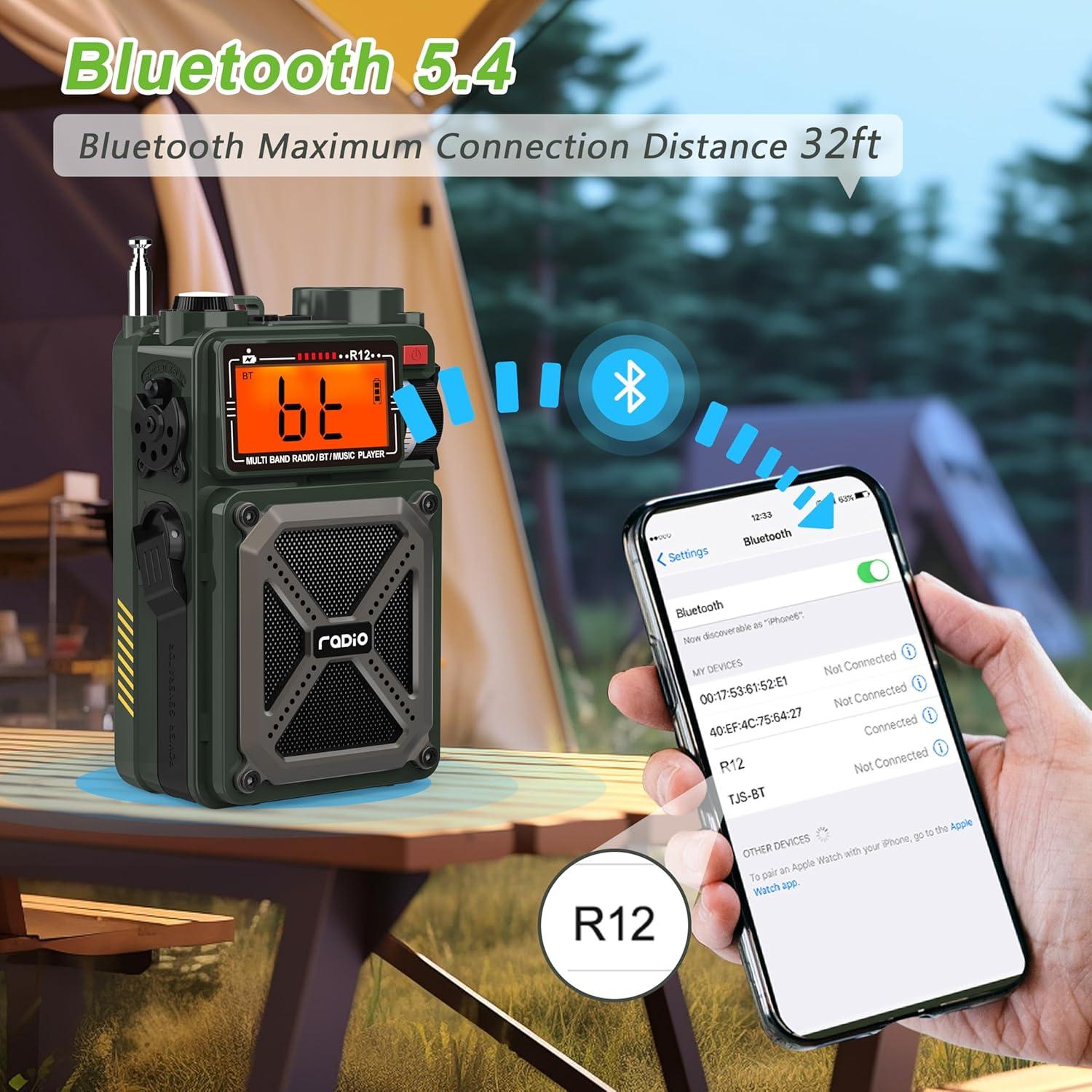 Radio Portátil Greadio R12 AM FM NOAA Bluetooth 5.4 Carga Solar