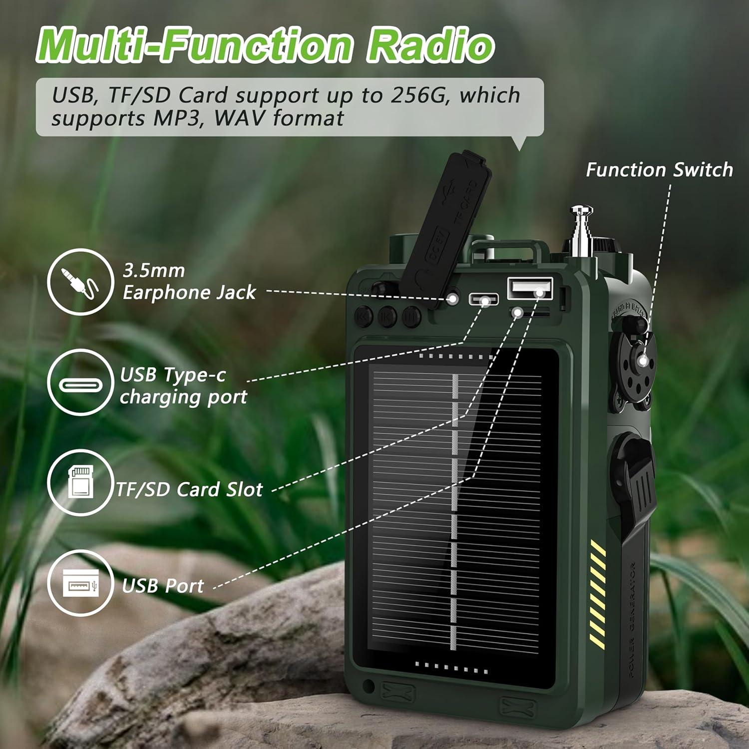 Radio Portátil Greadio R12 AM FM NOAA Bluetooth 5.4 Carga Solar