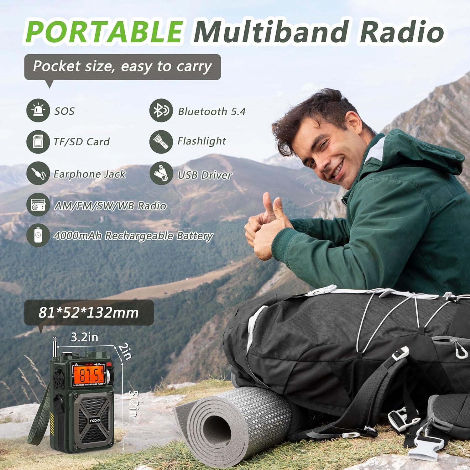 Radio Portátil Greadio R12 AM FM NOAA Bluetooth 5.4 Carga Solar