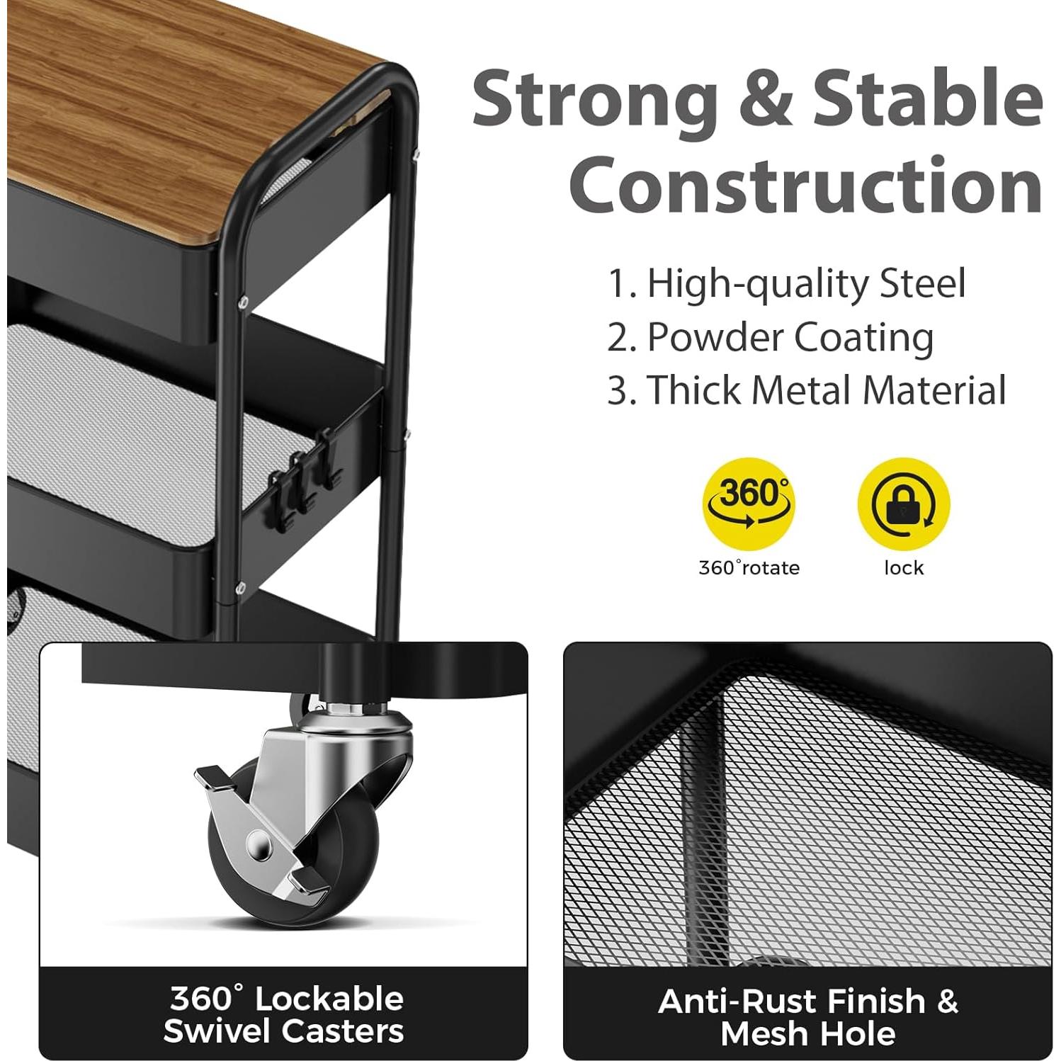 Carro Rodante de 3 Niveles Johgee con Superficie de Mesa