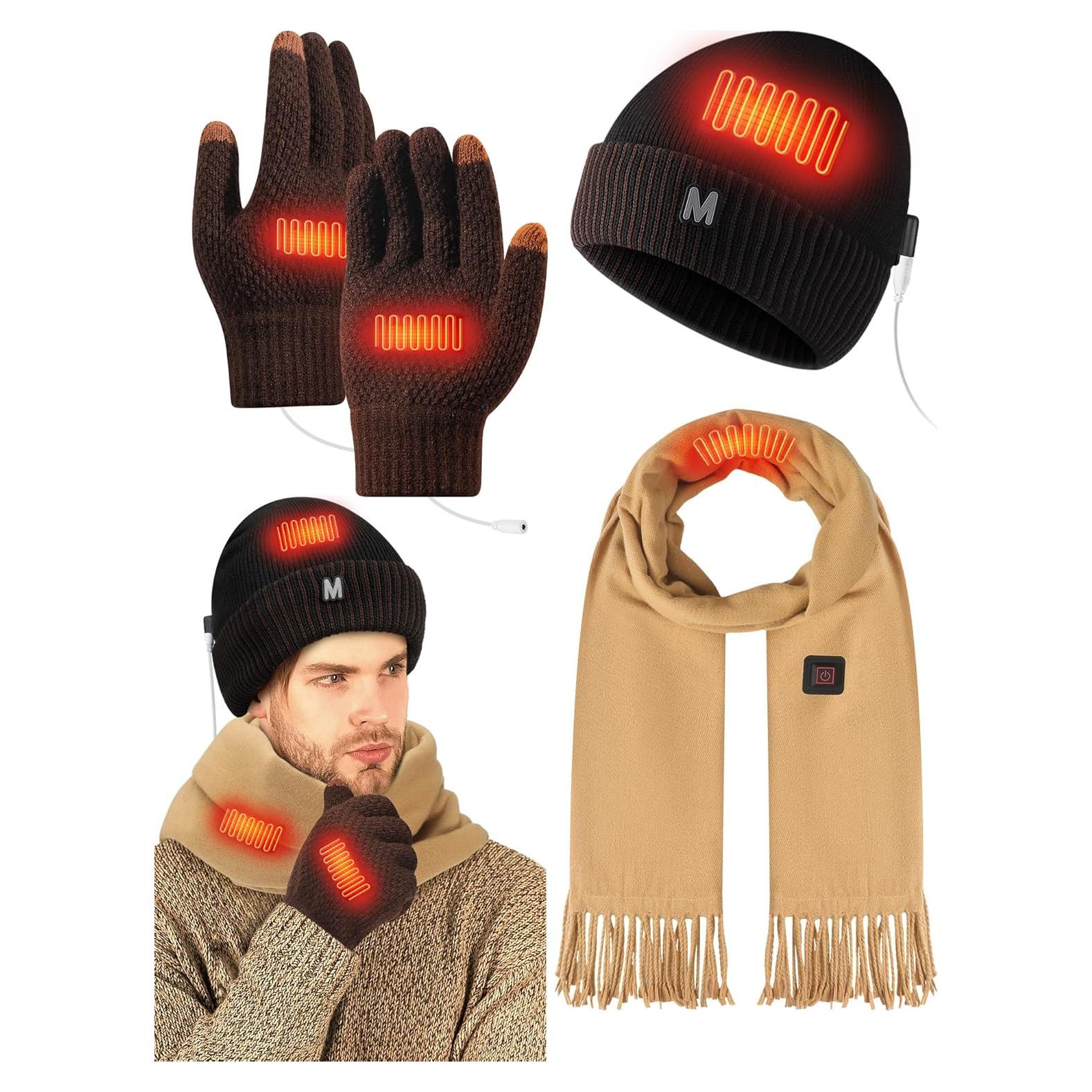 Conjunto calefactable USB Cutecrop: gorro, bufanda y guantes marrón