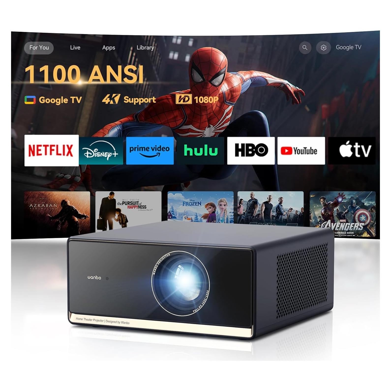 Proyector 4K WANBO X5 Pro con Google TV y Bluetooth, 1100 ANSI
