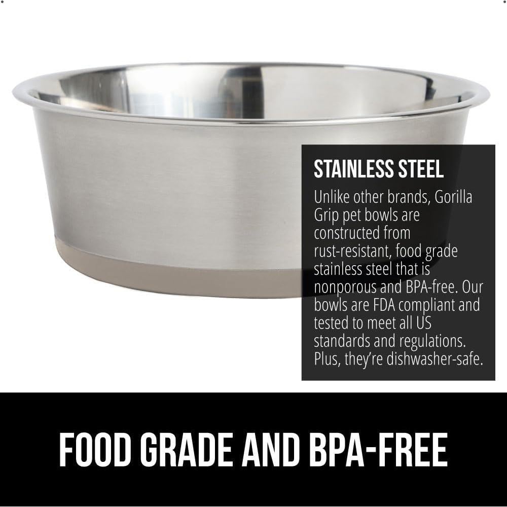 GORILLA GRIP Set of 2 Dog Bowls, Heavy Duty Metal Food and Water Bowl for Feeding Dogs and Cats, Dishwasher Safe, Rust Resistant Stainless Steel, BPA Free Rubber Base, Holds 2 Cups (16 fl oz), Beige