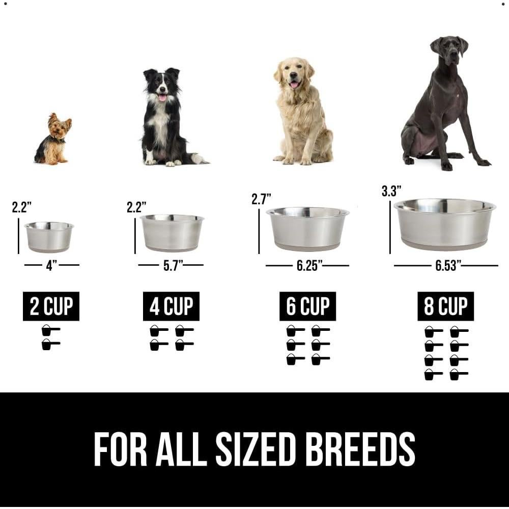 GORILLA GRIP Set of 2 Dog Bowls, Heavy Duty Metal Food and Water Bowl for Feeding Dogs and Cats, Dishwasher Safe, Rust Resistant Stainless Steel, BPA Free Rubber Base, Holds 2 Cups (16 fl oz), Beige