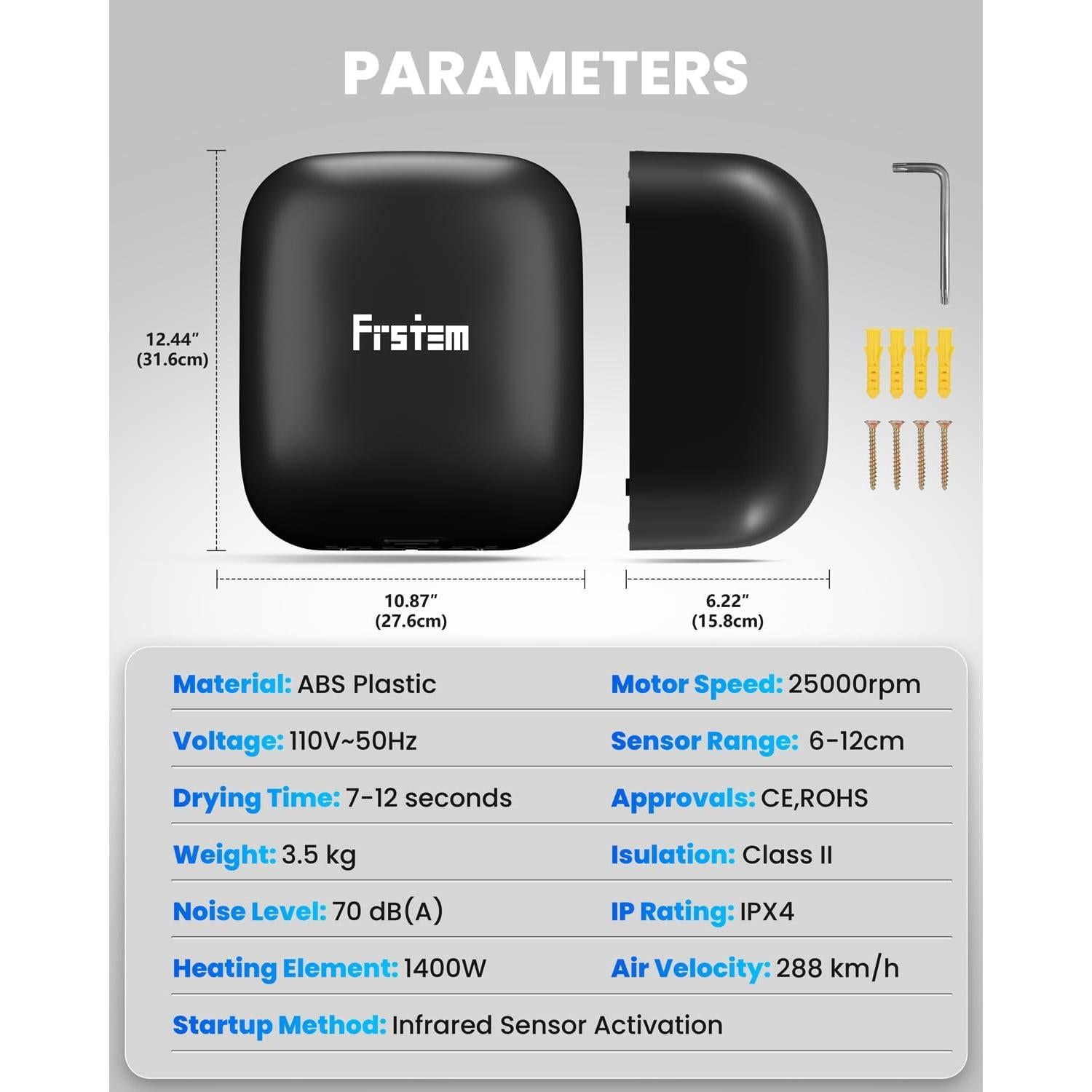 Secador de Manos Automático Frstem 1400W Negro con Sensor