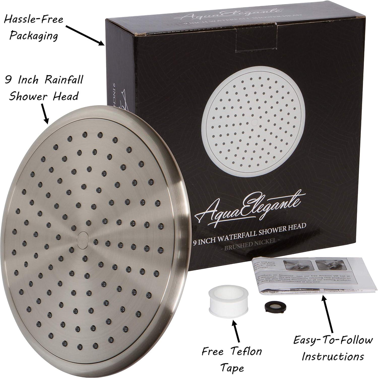 Waterfall Showerhead - 9 Inch Large Overhead Rain Shower Head - High Flow Best With Extension Arm, 1.8 GPM - Brushed Nickel & California Certified