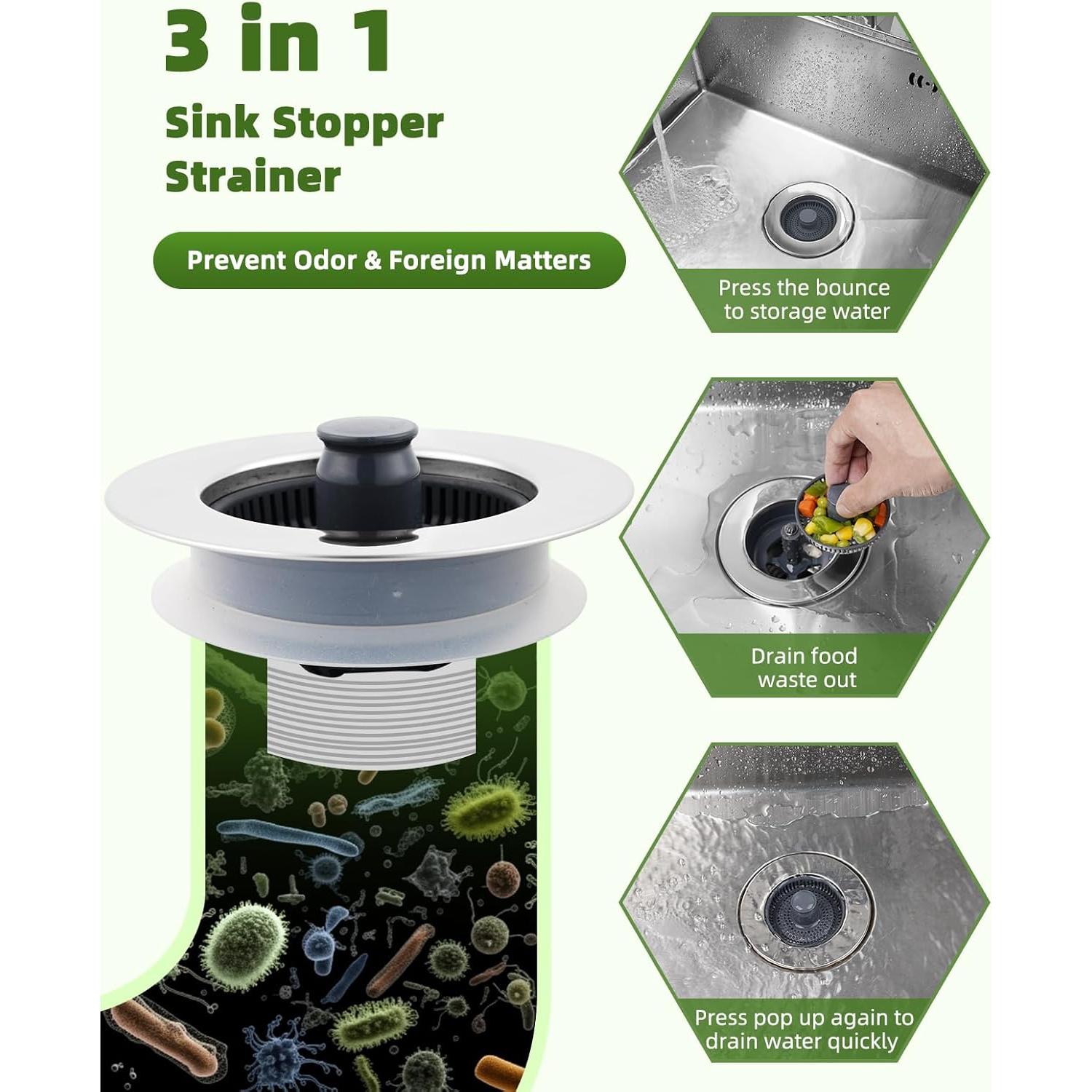 Combo de tapones de desagüe Hygie Rinse 2PCS 3 en 1 acero inoxidable