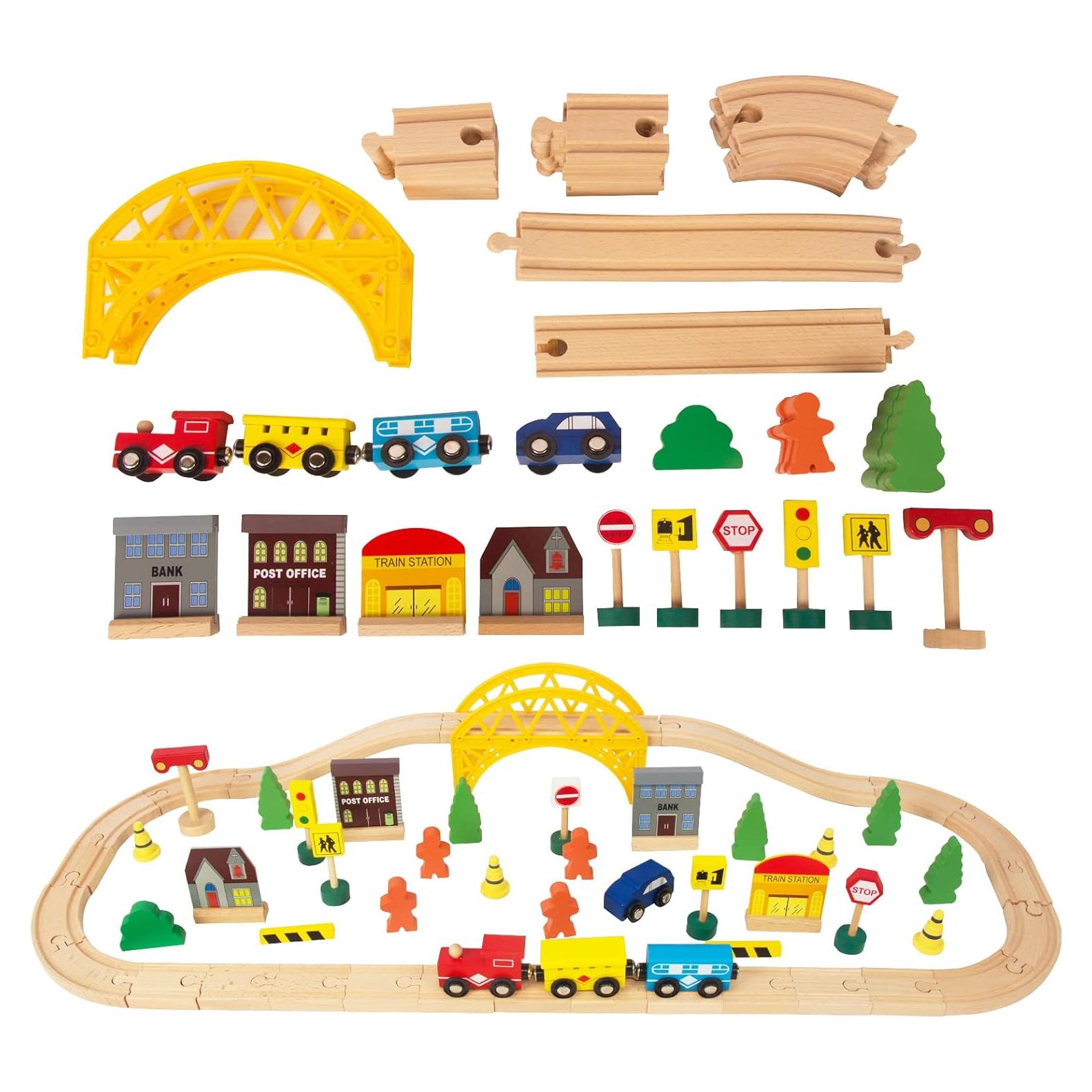 Juego de tren de madera 60 piezas KIDS TOYLAND amarillo