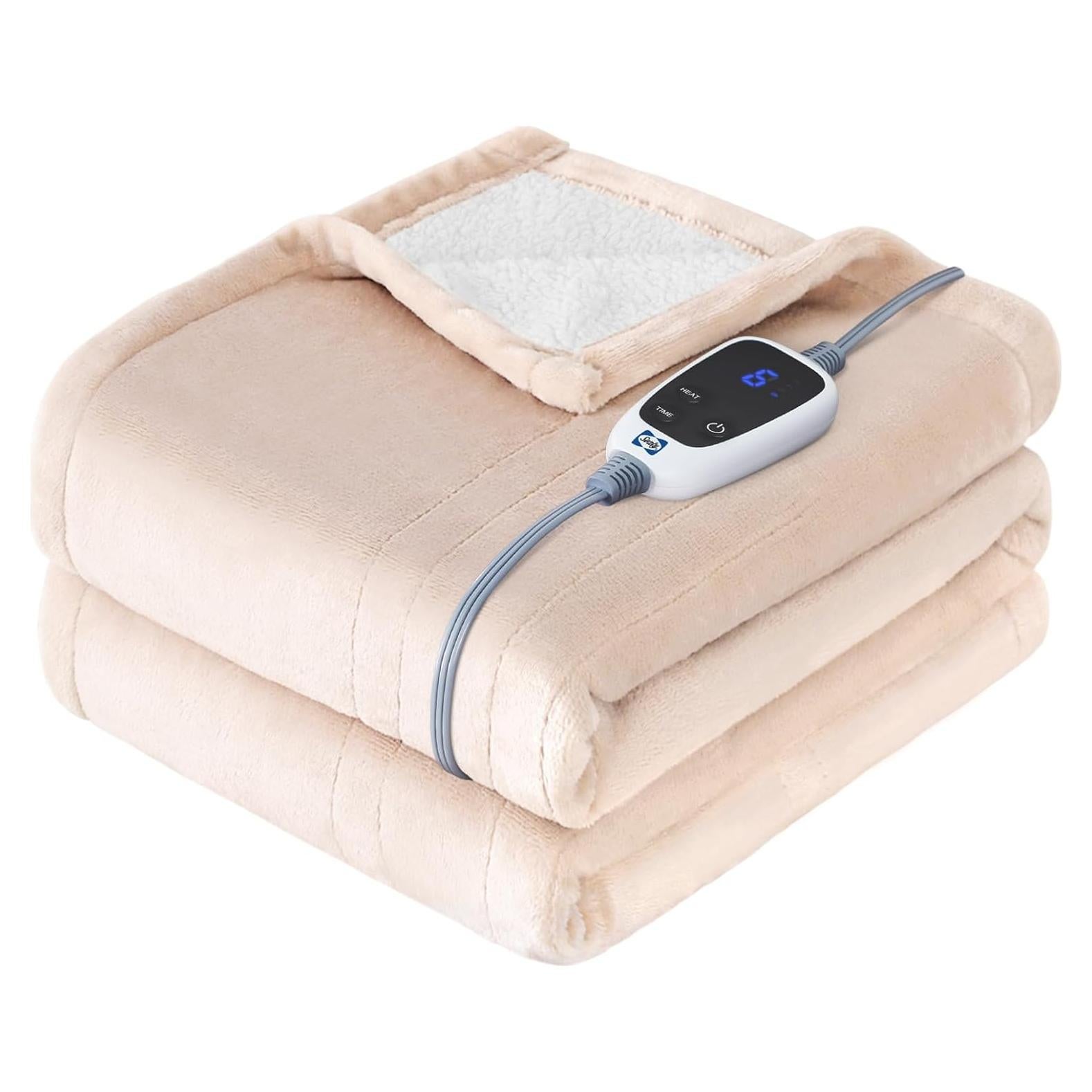 Sealy Heated Blanket Electric Throw, Flannel & Sherpa Heating Throw with 6 Heat Settings & 2-10 Hours Auto Shut Off, Fast Heating & ETL Certification, 50x60 Inch, Beige