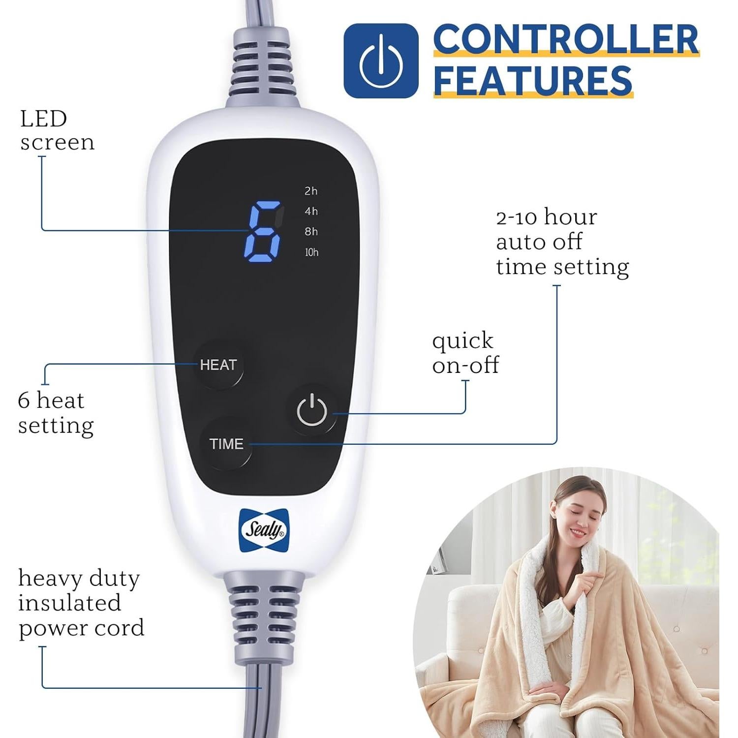 Sealy Heated Blanket Electric Throw, Flannel & Sherpa Heating Throw with 6 Heat Settings & 2-10 Hours Auto Shut Off, Fast Heating & ETL Certification, 50x60 Inch, Beige