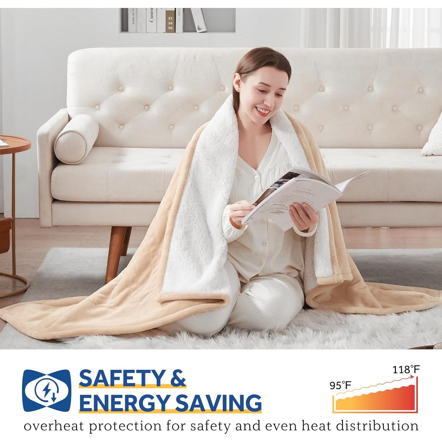 Sealy Heated Blanket Electric Throw, Flannel & Sherpa Heating Throw with 6 Heat Settings & 2-10 Hours Auto Shut Off, Fast Heating & ETL Certification, 50x60 Inch, Beige