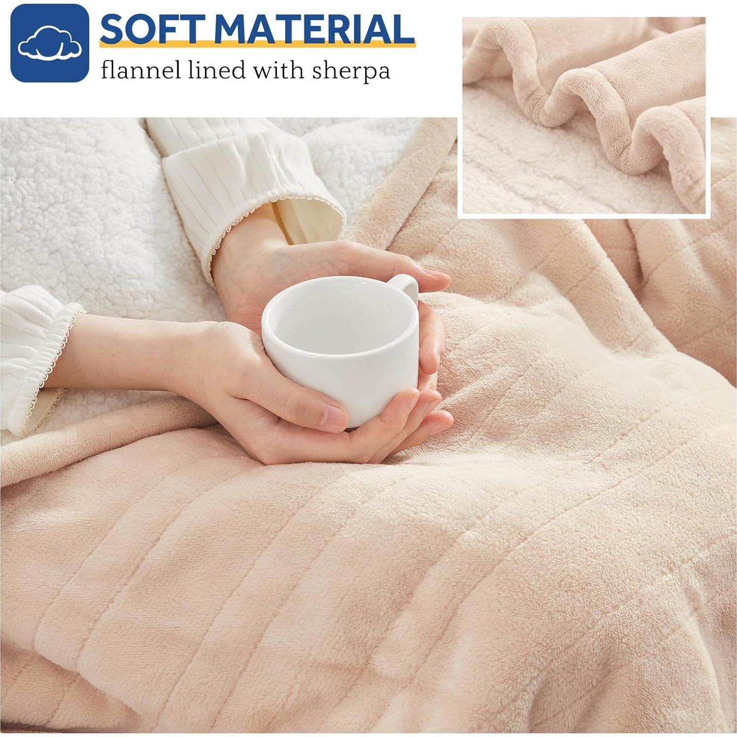 Sealy Heated Blanket Electric Throw, Flannel & Sherpa Heating Throw with 6 Heat Settings & 2-10 Hours Auto Shut Off, Fast Heating & ETL Certification, 50x60 Inch, Beige
