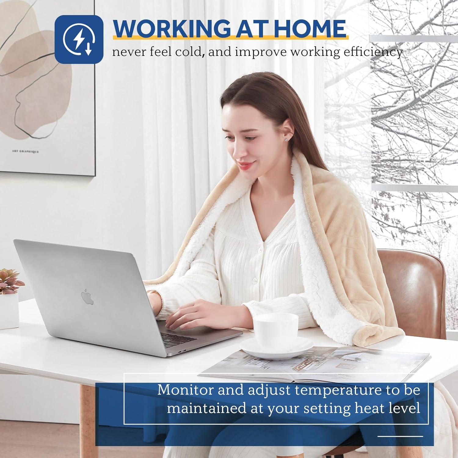 Sealy Heated Blanket Electric Throw, Flannel & Sherpa Heating Throw with 6 Heat Settings & 2-10 Hours Auto Shut Off, Fast Heating & ETL Certification, 50x60 Inch, Beige