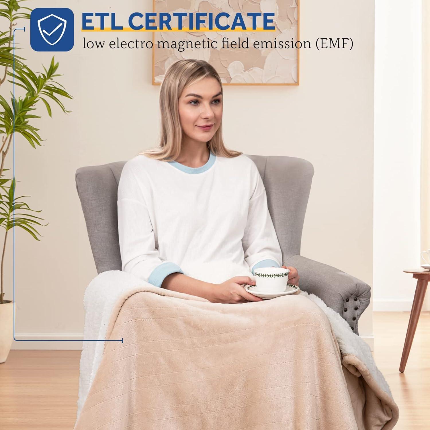 Sealy Heated Blanket Electric Throw, Flannel & Sherpa Heating Throw with 6 Heat Settings & 2-10 Hours Auto Shut Off, Fast Heating & ETL Certification, 50x60 Inch, Beige