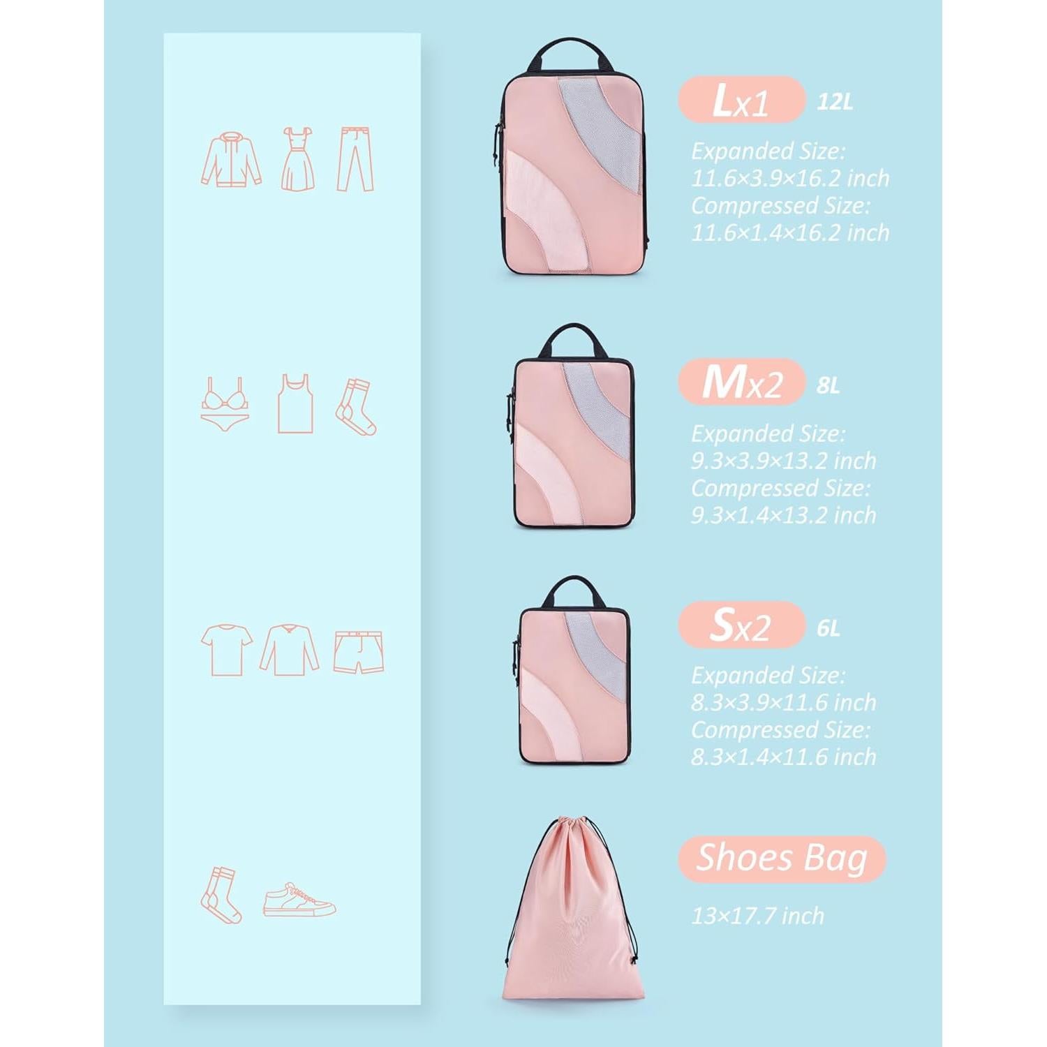 Cubos de Compresión BAGSMART 6 Set Rosa Bebé para Viaje