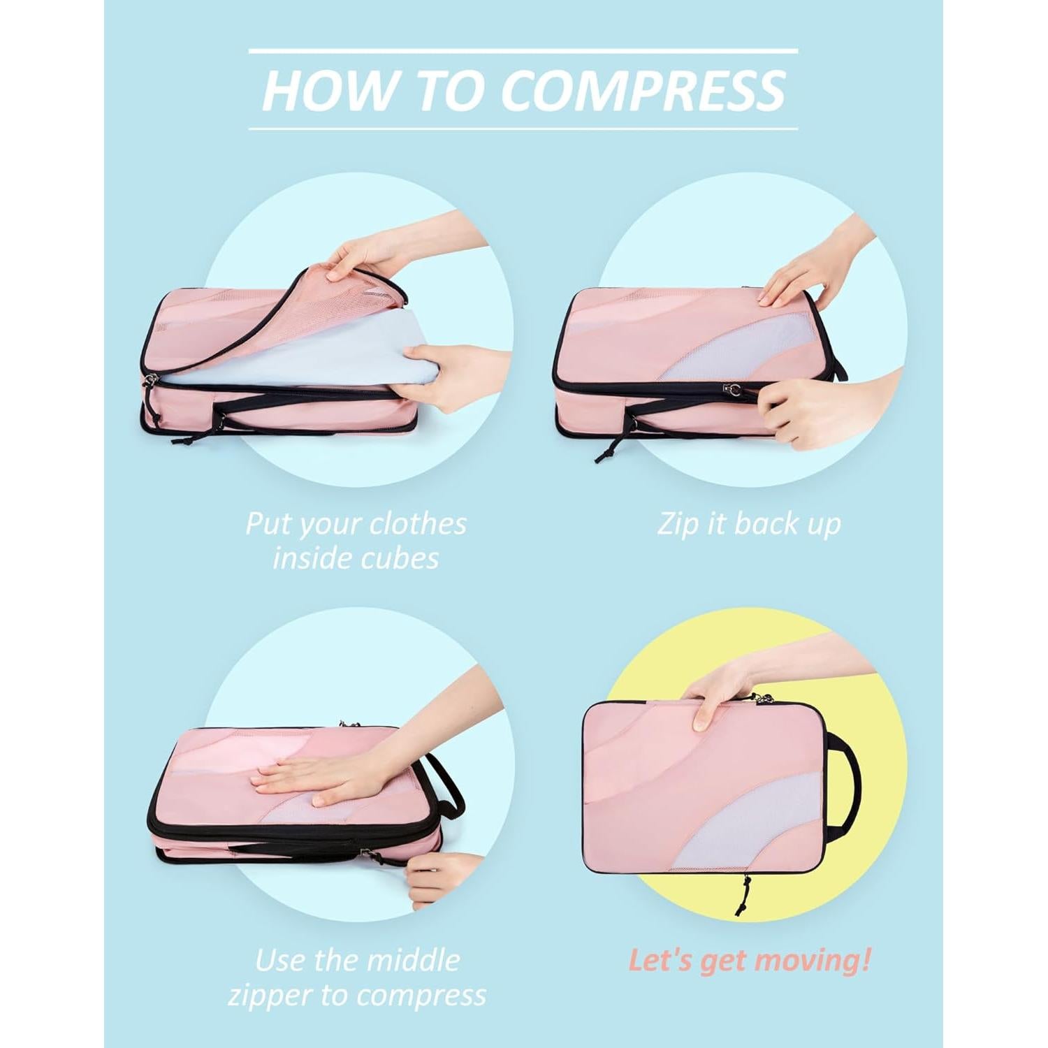 Cubos de Compresión BAGSMART 6 Set Rosa Bebé para Viaje