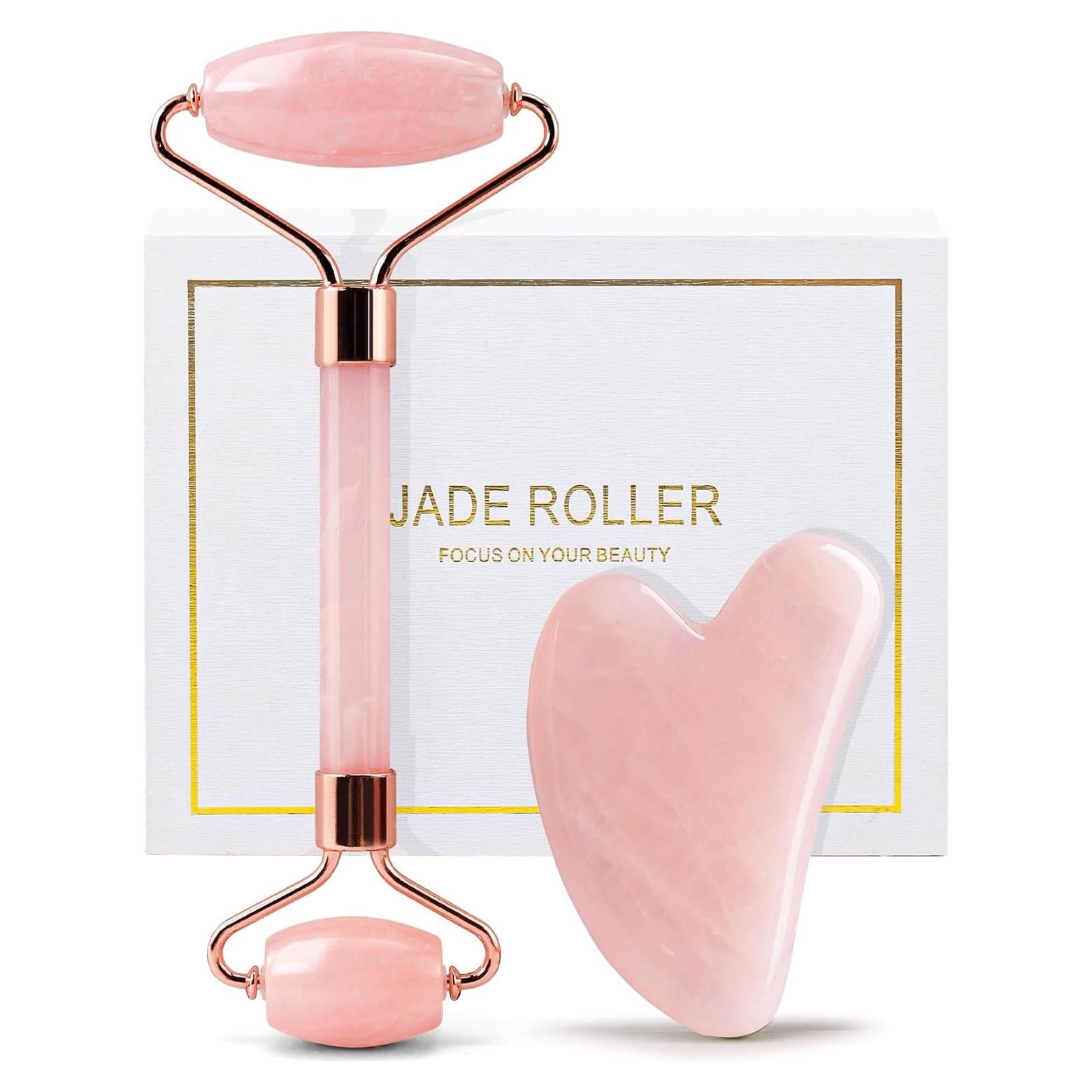 Rodillo Facial Huefull de Cuarzo Rosa y Gua Sha 15 cm