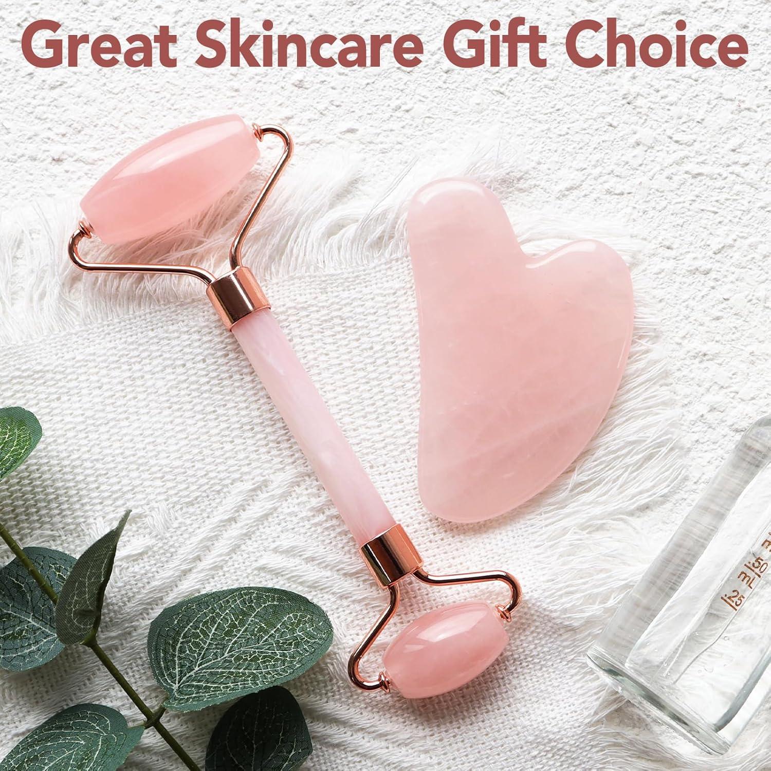 Rodillo Facial Huefull de Cuarzo Rosa y Gua Sha 15 cm