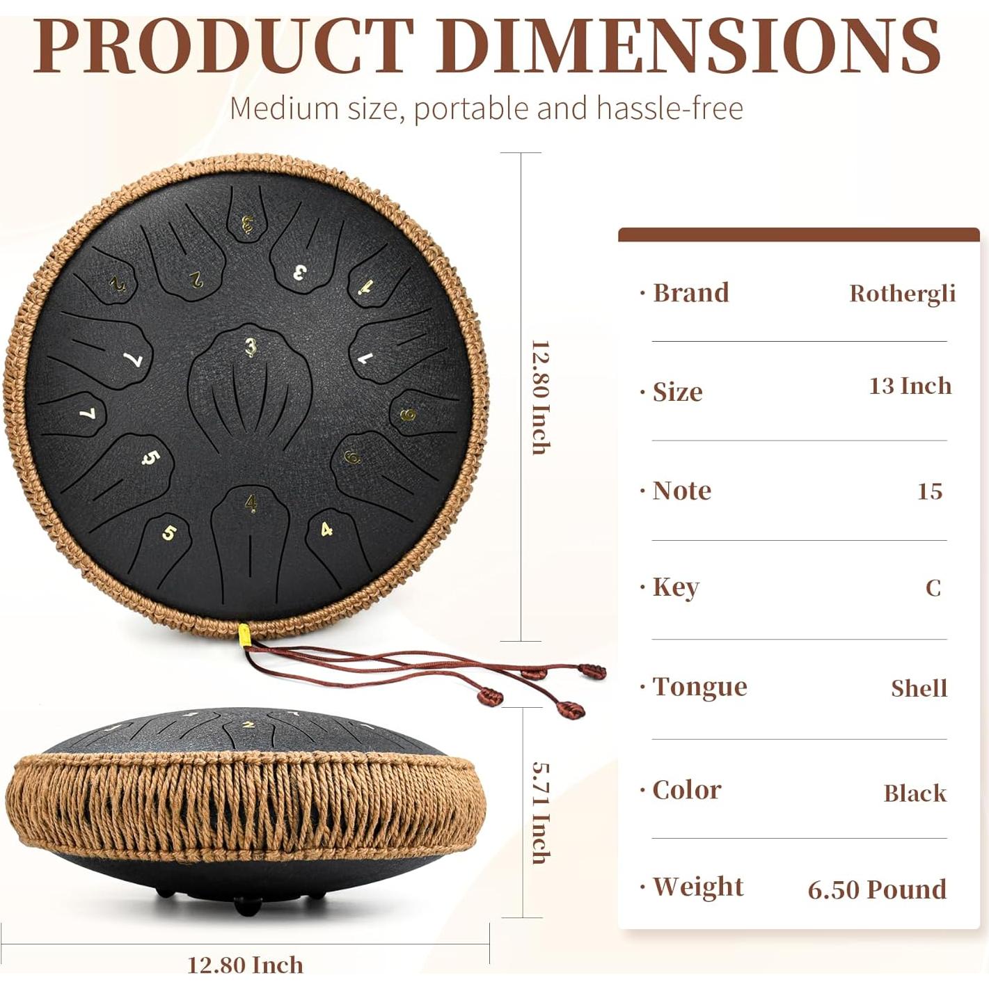 Tambor de Lengua de Acero Rothergli 33 cm 15 Notas Negro