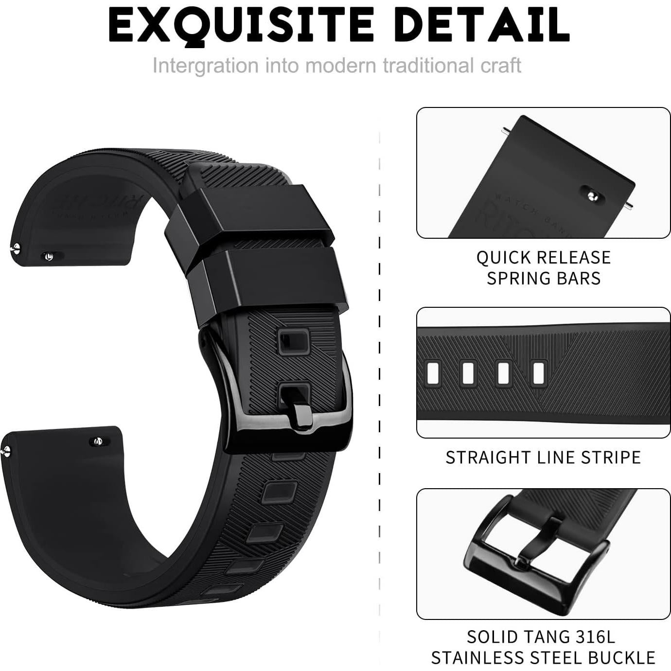 Banda de Reloj de Silicona Ritche 20mm Negra para Hombres y Mujeres