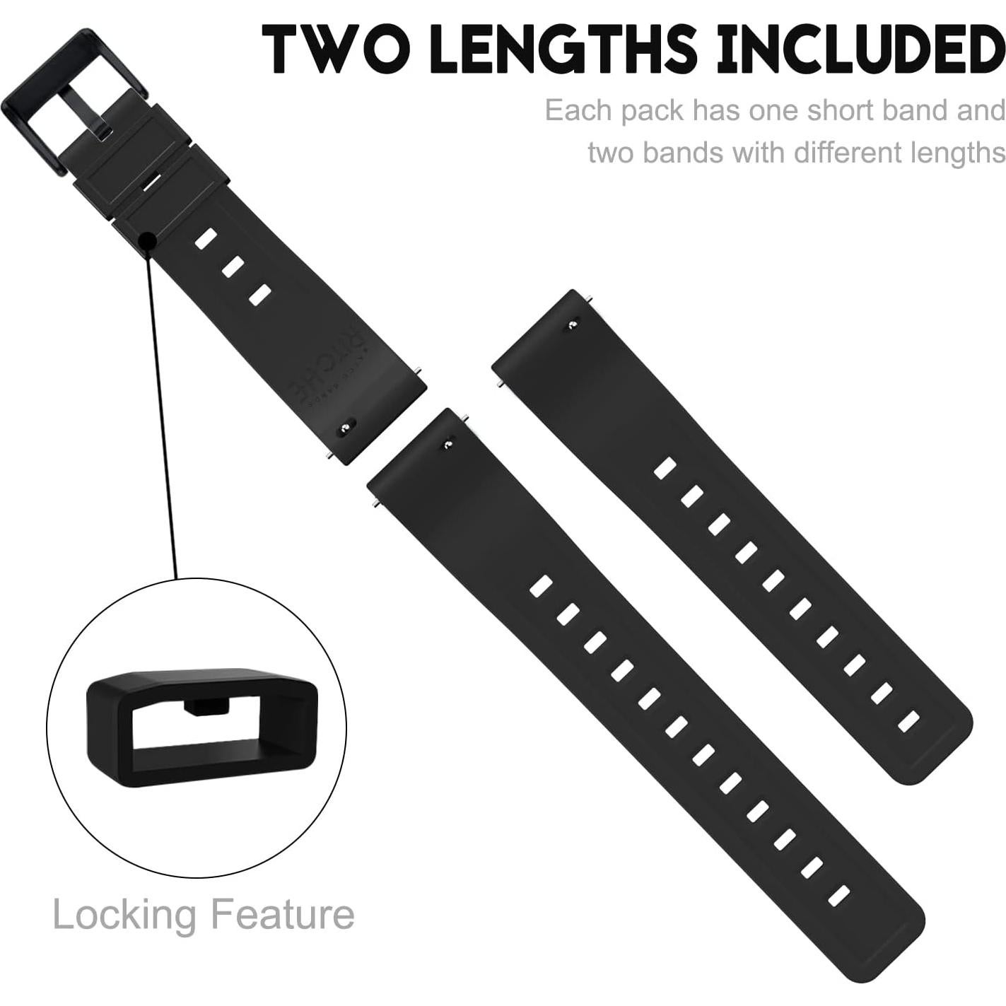 Banda de Reloj de Silicona Ritche 20mm Negra para Hombres y Mujeres