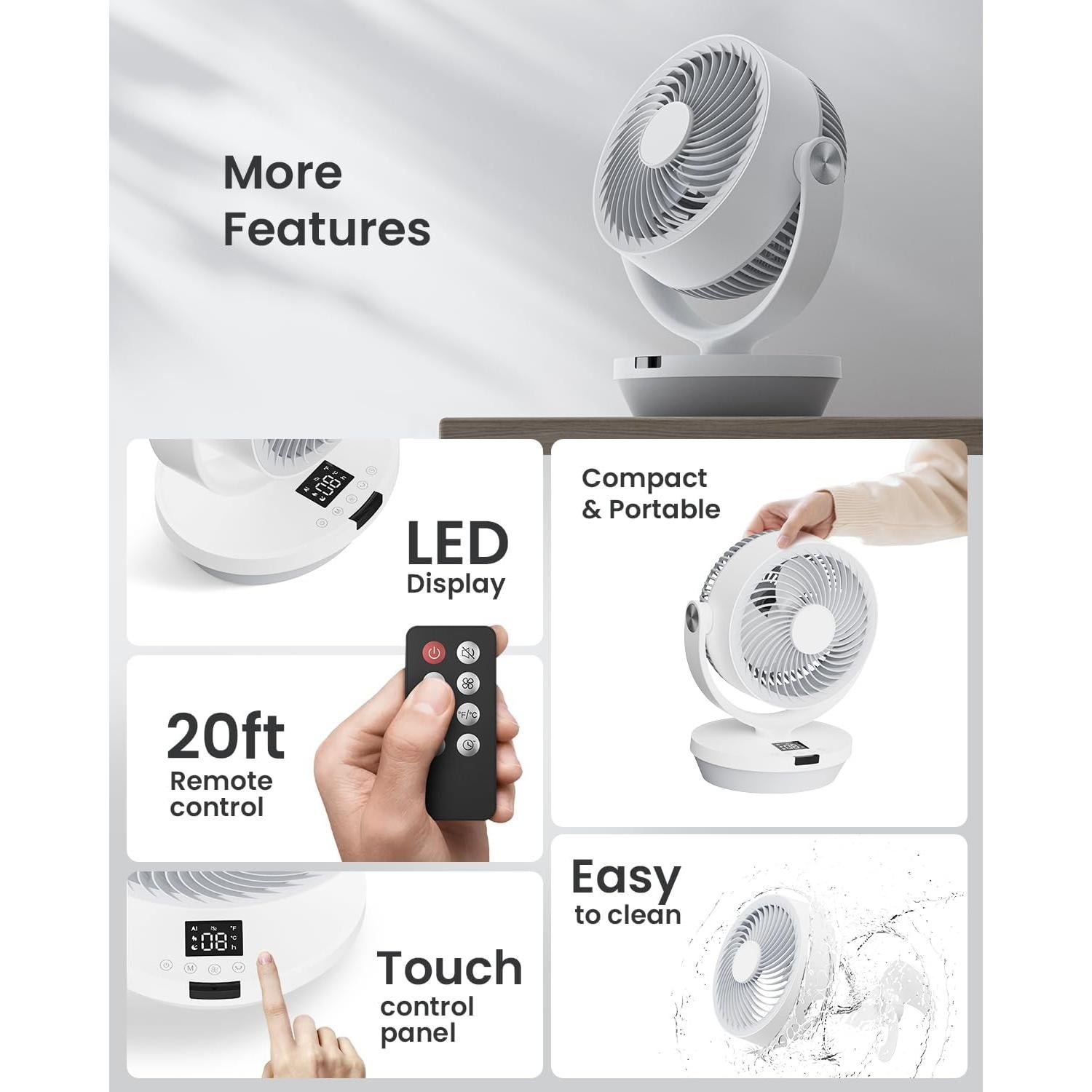 Fan for Bedroom, 13" Air Circulator Fans with Remote, 120°Vertical Manual +90°Oscillating Desk fan, 60ft Powerful Airflow, Portable Fan With 4 Speeds, 4 Modes, 12H Timer, 25dB Quiet Smallfan (White)