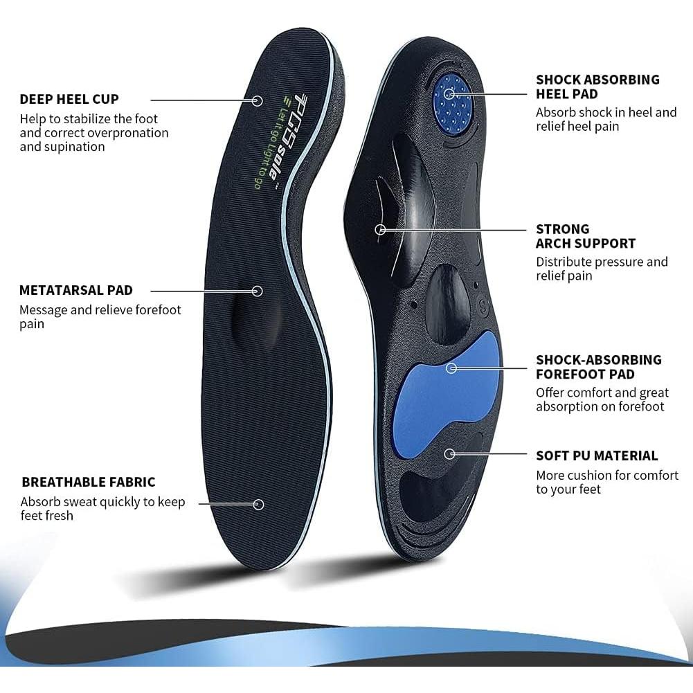 PCSsole Orthotic Insoles with High & Medium Arch Support - Comfort Gel Work Boot Insert for Flat Feet, Plantar Fasciitis, Running, Walking, Over Pronation for Men and Women