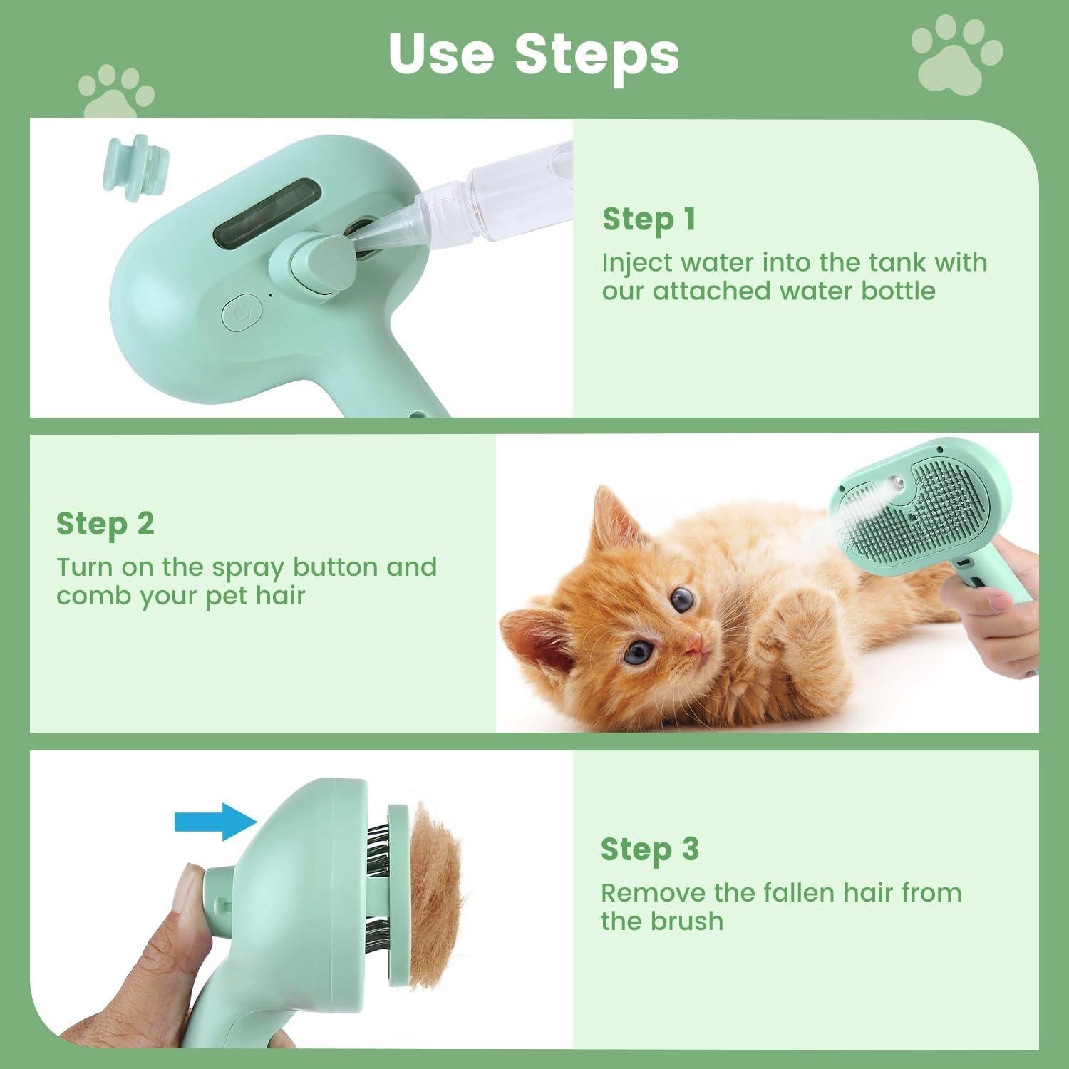Cepillo de Vapor 3 en 1 para Gatos y Perros Verde